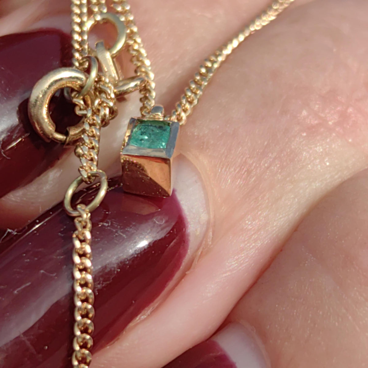 Emerald Gold Baguette Cut Solid Hallmarked Yellow Gold Long Pendant Necklace Antique Vintage 1980s Necklace Gift for her