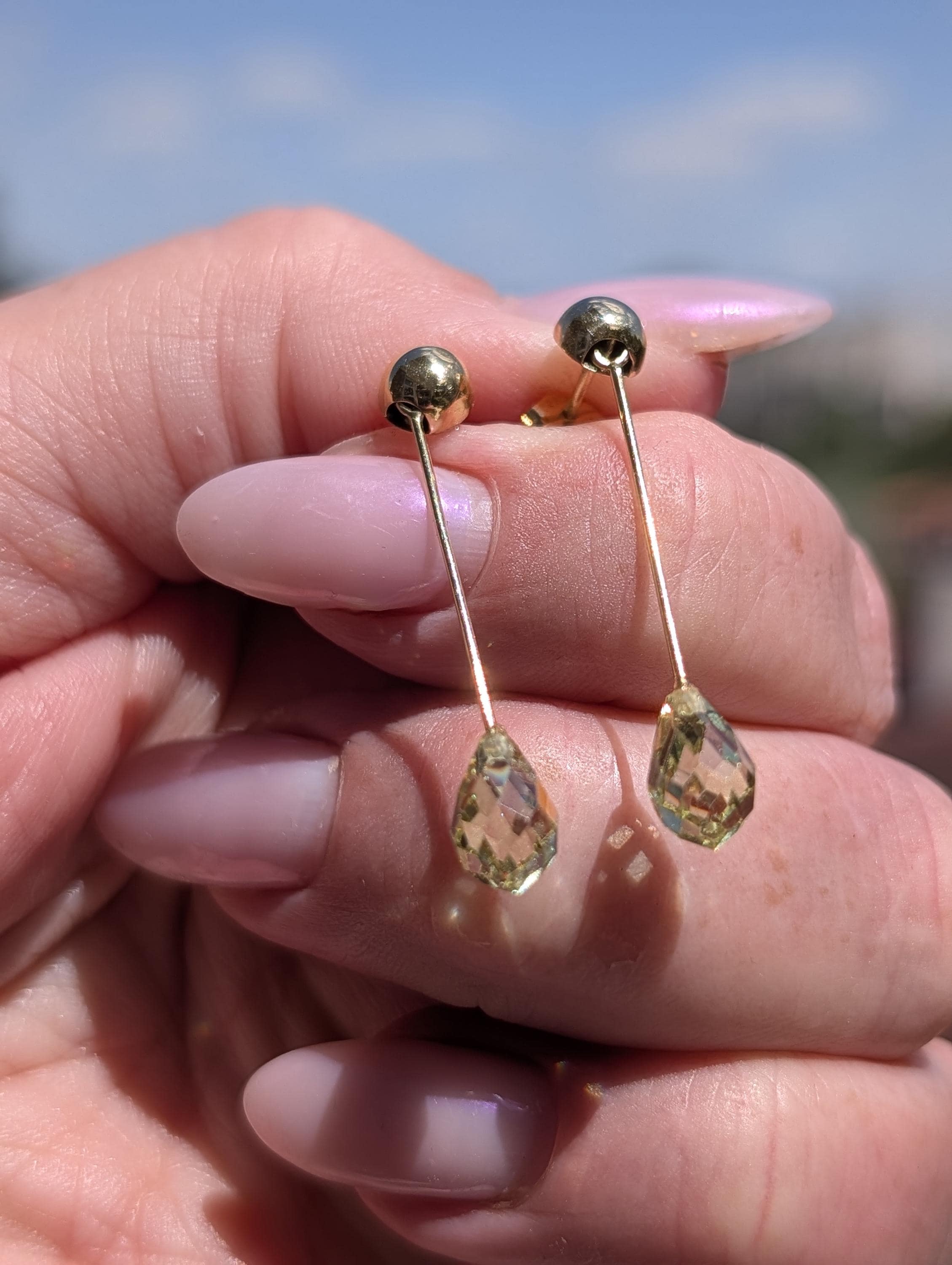 Natural Peridot Dangle Earrings 14k Solid Yellow Gold Hungarian Hallmarked Briolette Cut Green Gemstone Fine Jewelry Gift