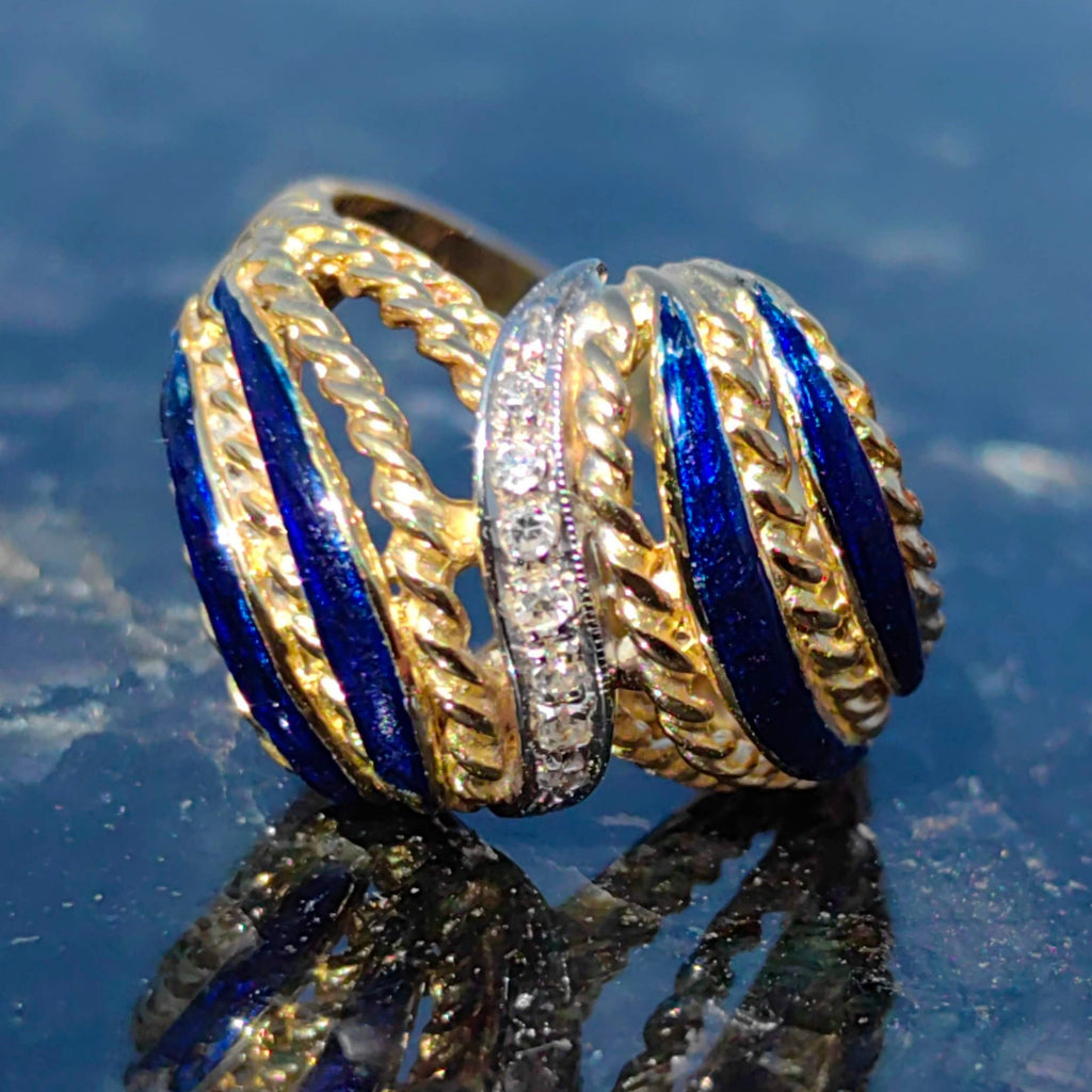 Vintage Antique Diamond Gold Blue Fire Enamel Statement Ring
