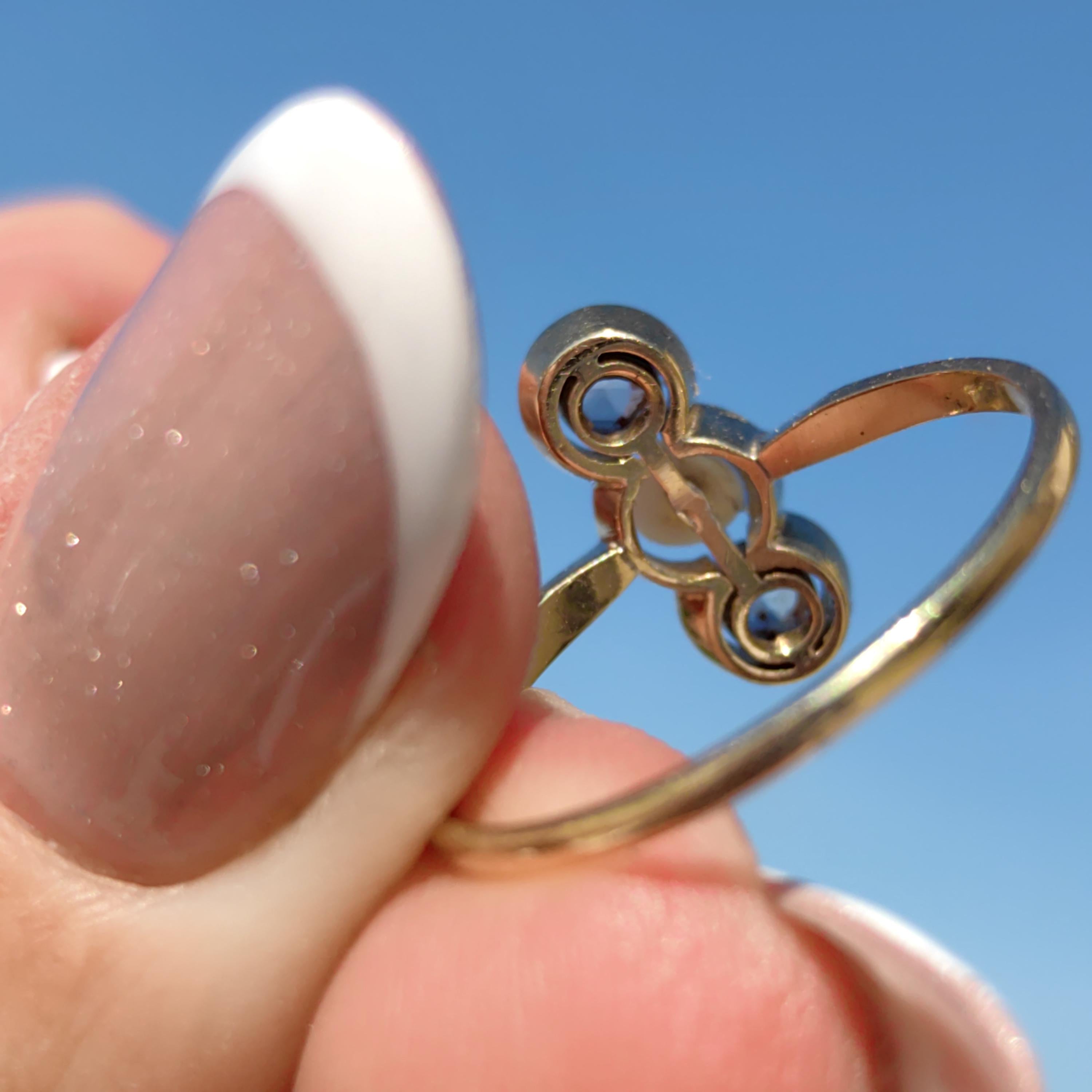 Art Nouveau Pearl Engagement Ring: Diamond 18k Gold Antique Three-Stone