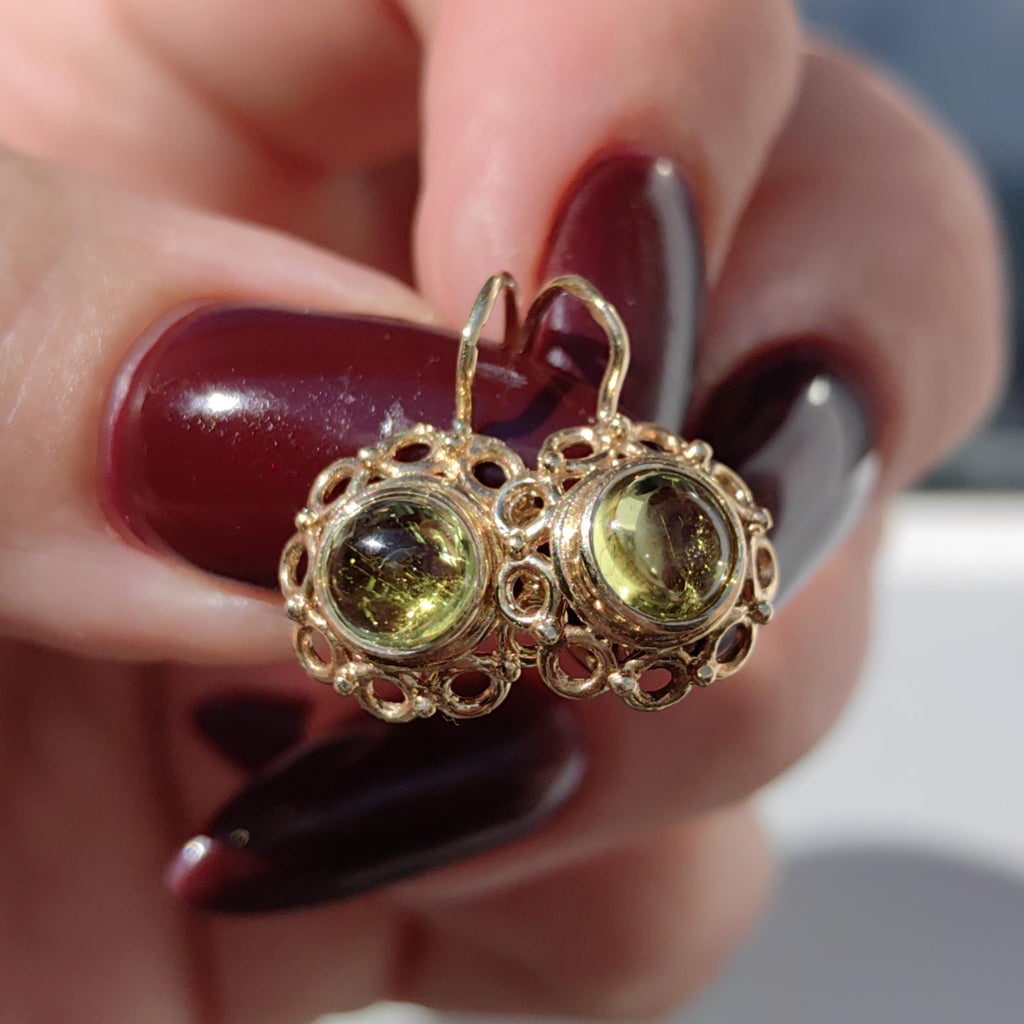 Green 14k Solid Yellow Rose Gold Green Yellow Tourmaline Antique Vintage Floral Flower Elegant Dainty Earrings Vintage 1940s Dormouse Gift