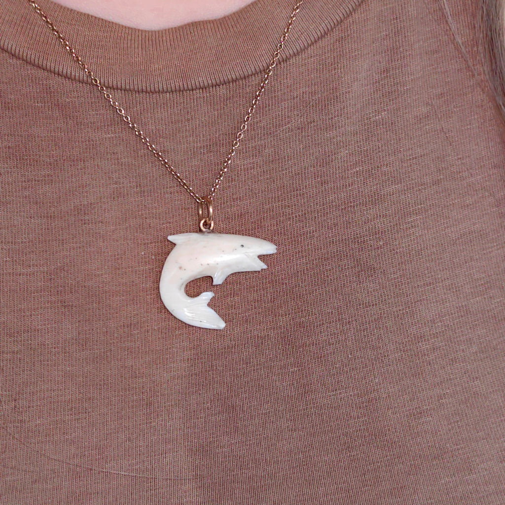 Vintage 1960s Bone and Solid 18k Yellow Gold Shark Whale Sea Ocean Surf Nautical Fish Retro Antique Pendant Gift Present