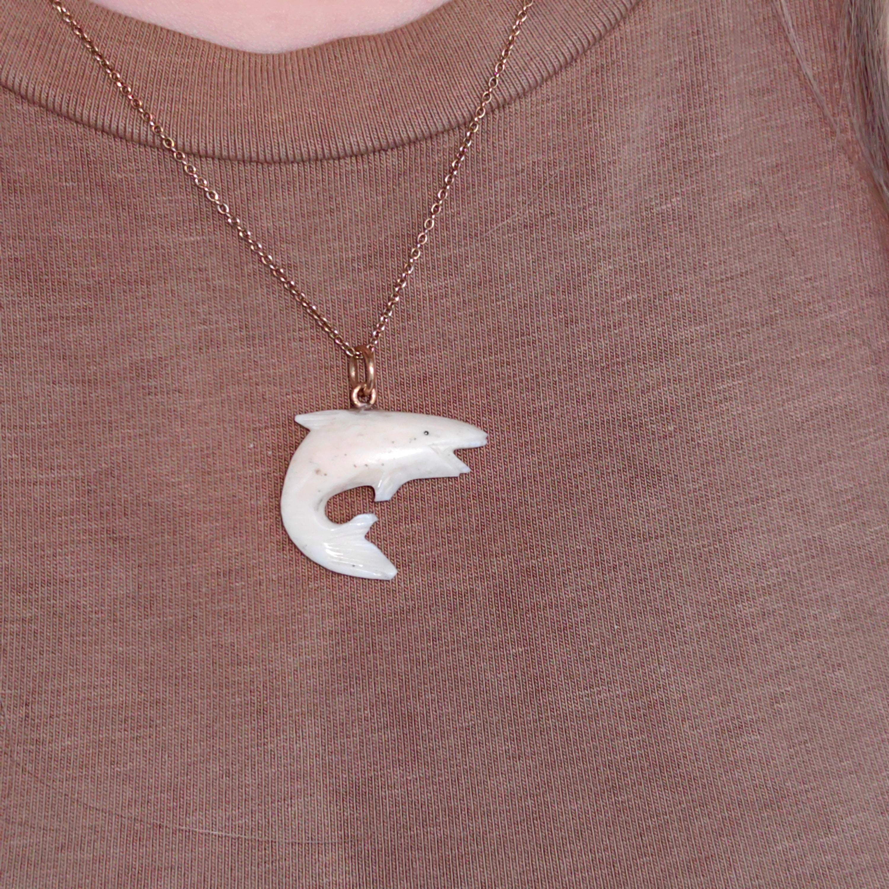 Vintage 1960s Bone and Solid 18k Yellow Gold Shark Whale Sea Ocean Surf Nautical Fish Retro Antique Pendant Gift Present