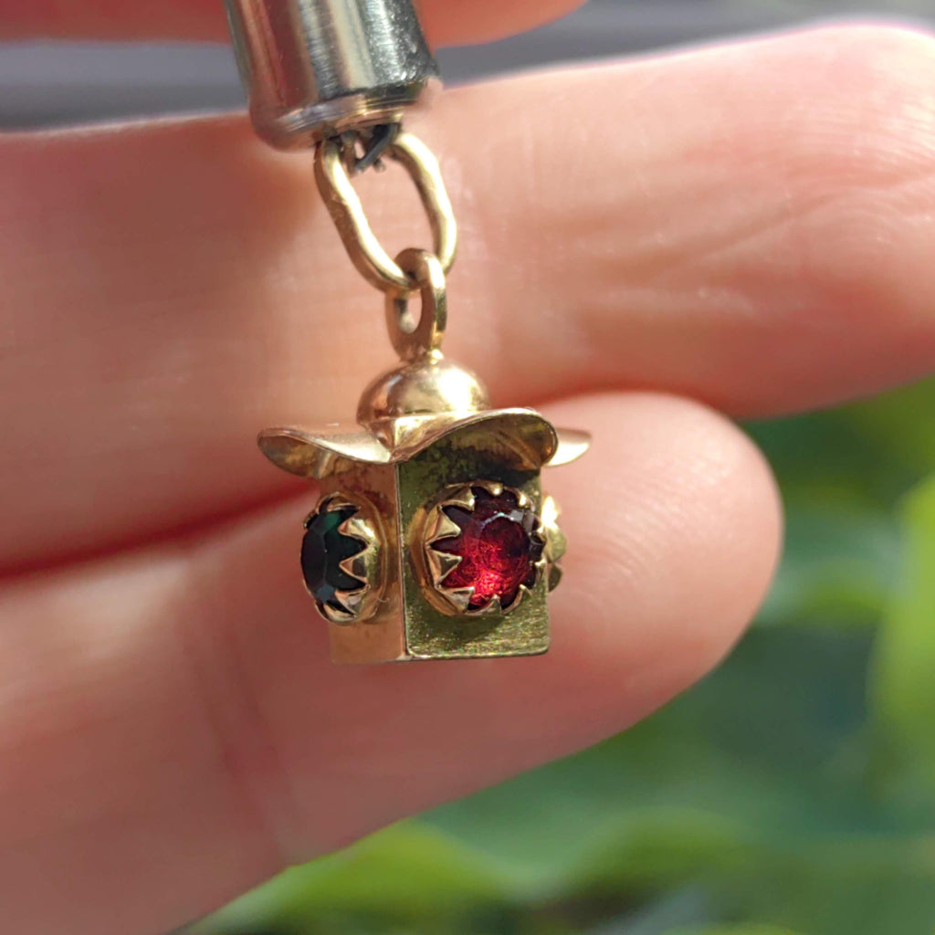 18k Gold Art Deco Pendant: Red & Green Paste Stone Charm