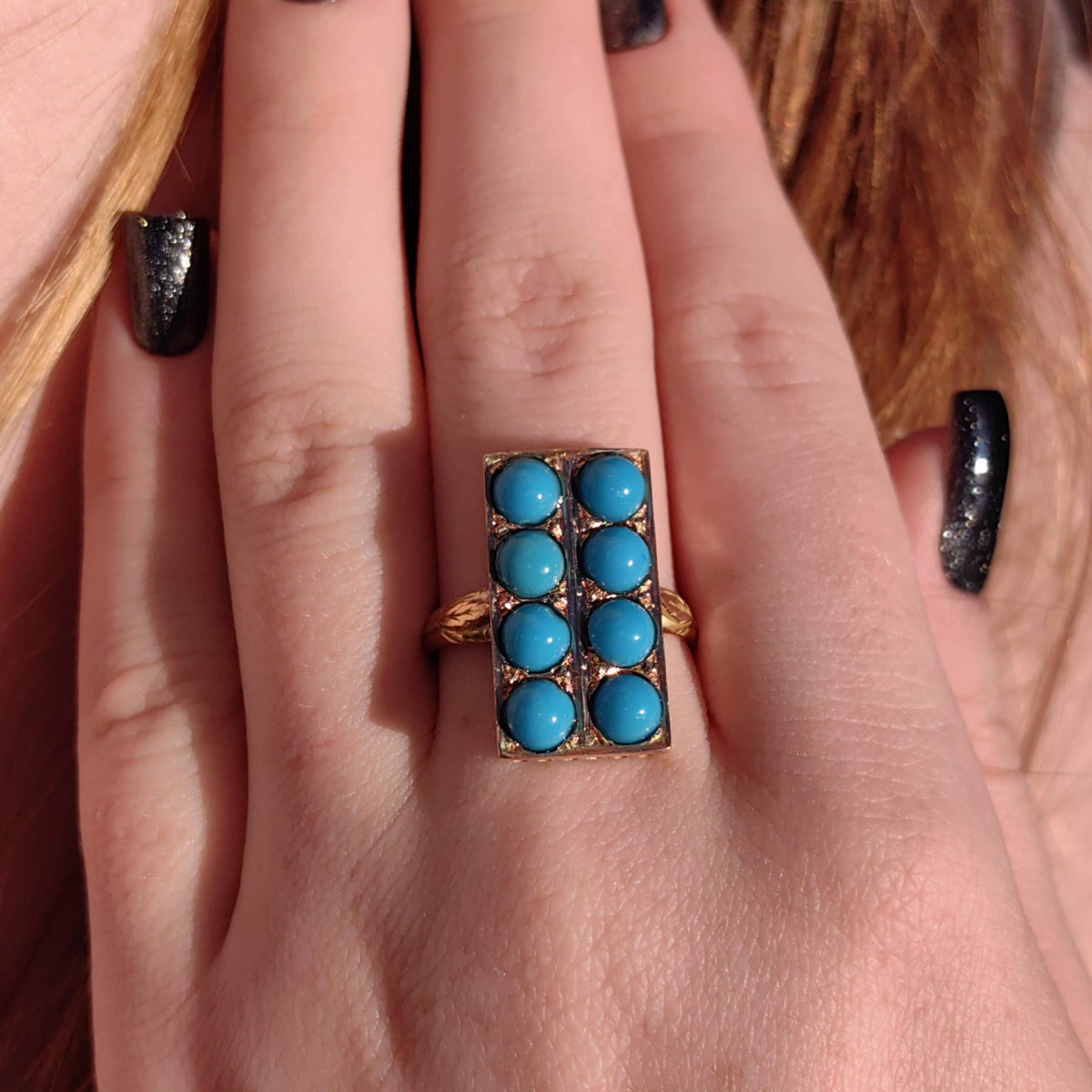 Victorian 1890s Natural Persian Blue Turquoise 18K Solid Hallmarked Yellow Gold Ring Hand-Chiseled Elegant Statement Ring Gift for Her