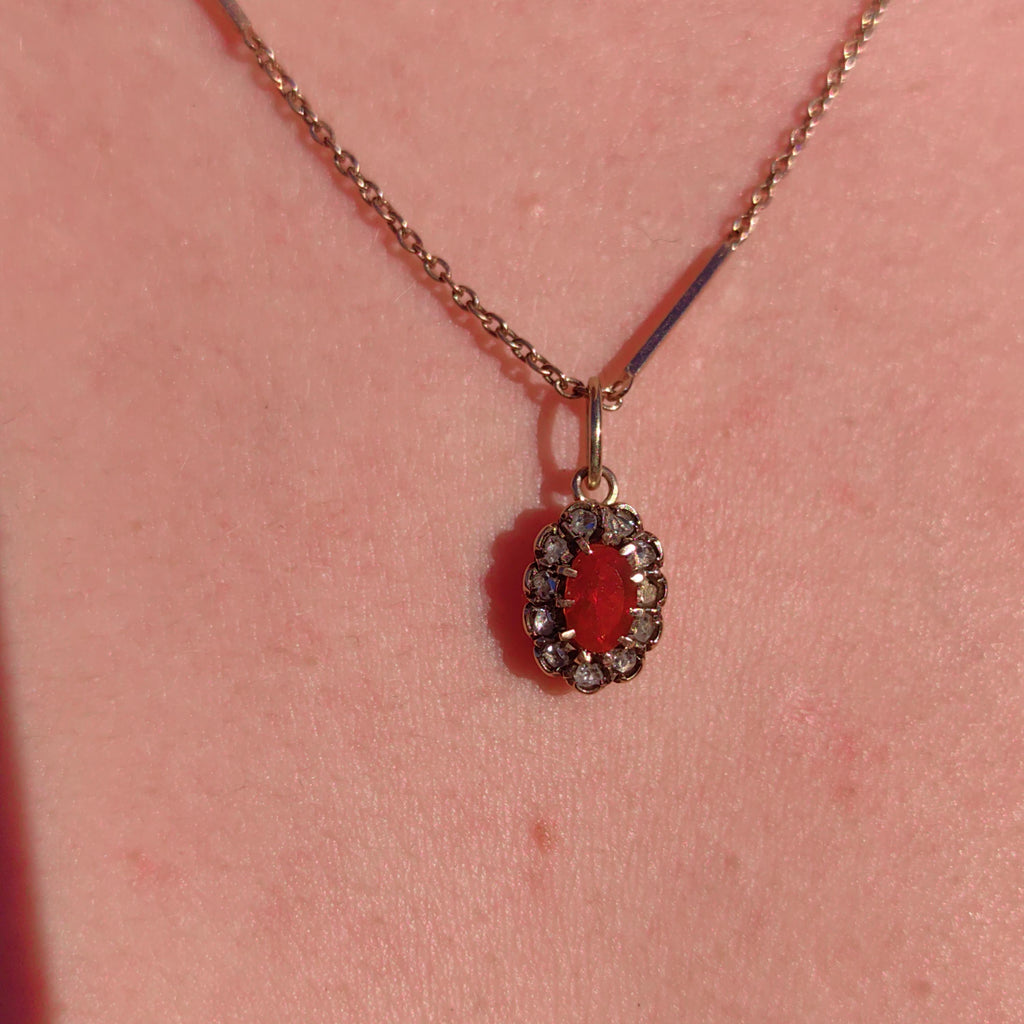 Victorian Fire Opal Pendant: 14k Yellow & Rose Gold Diamond Charm