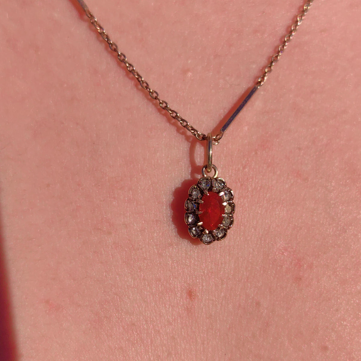 Victorian Fire Opal Pendant: 14k Yellow & Rose Gold Diamond Charm