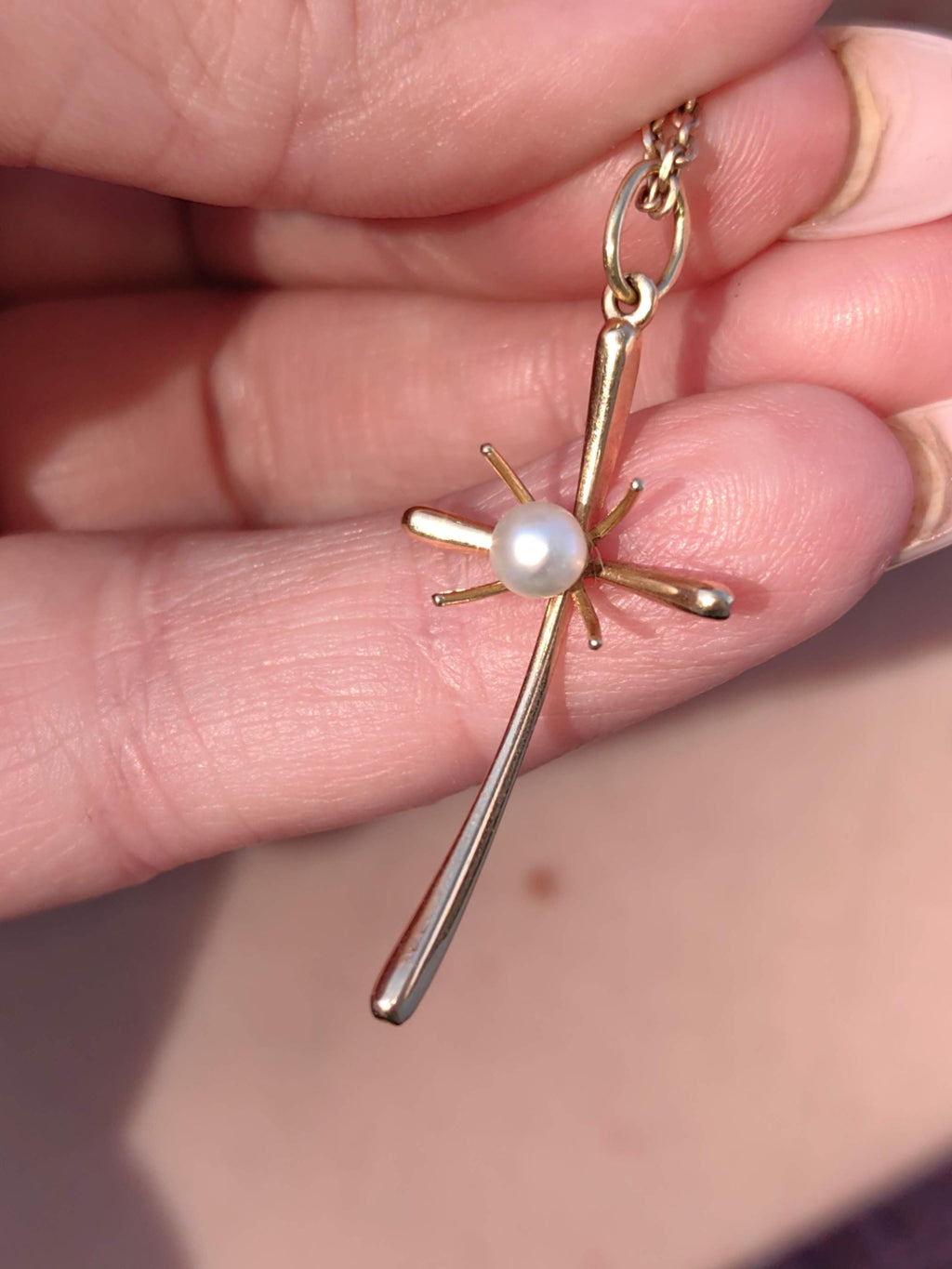 18k Gold Pearl Cross Pendant: Art Deco Christian Jewelry
