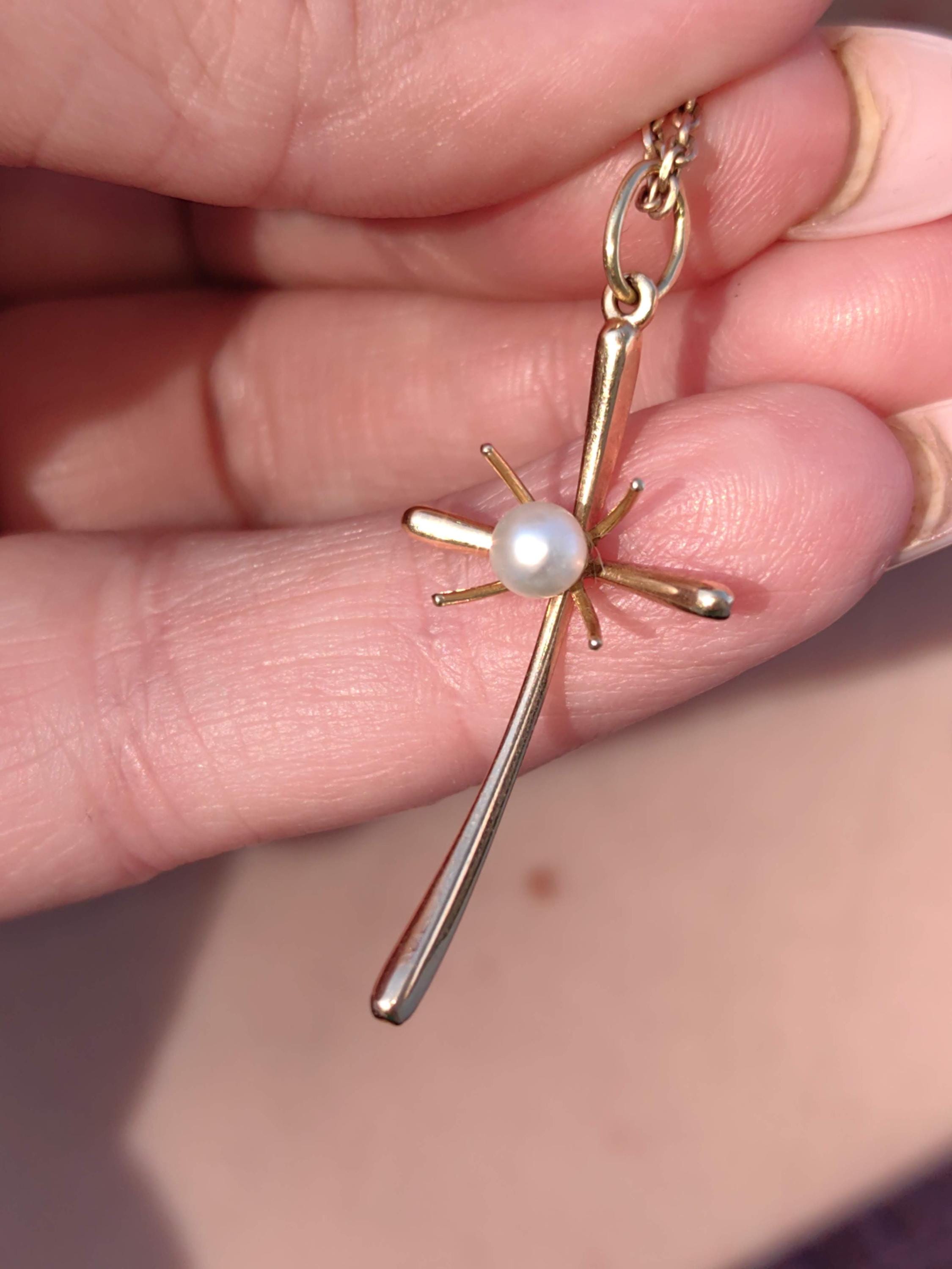 18k Gold Pearl Cross Pendant: Art Deco Christian Jewelry