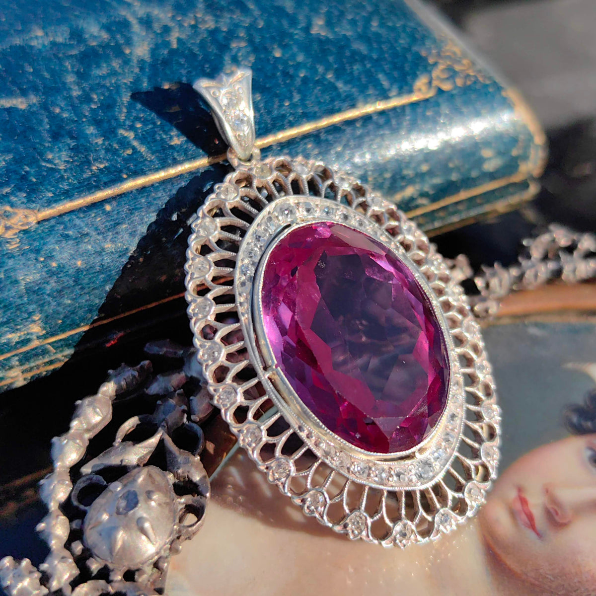 Art Deco Edwardian Antique Vintage Amethyst and Diamond Gold Statement Pendant