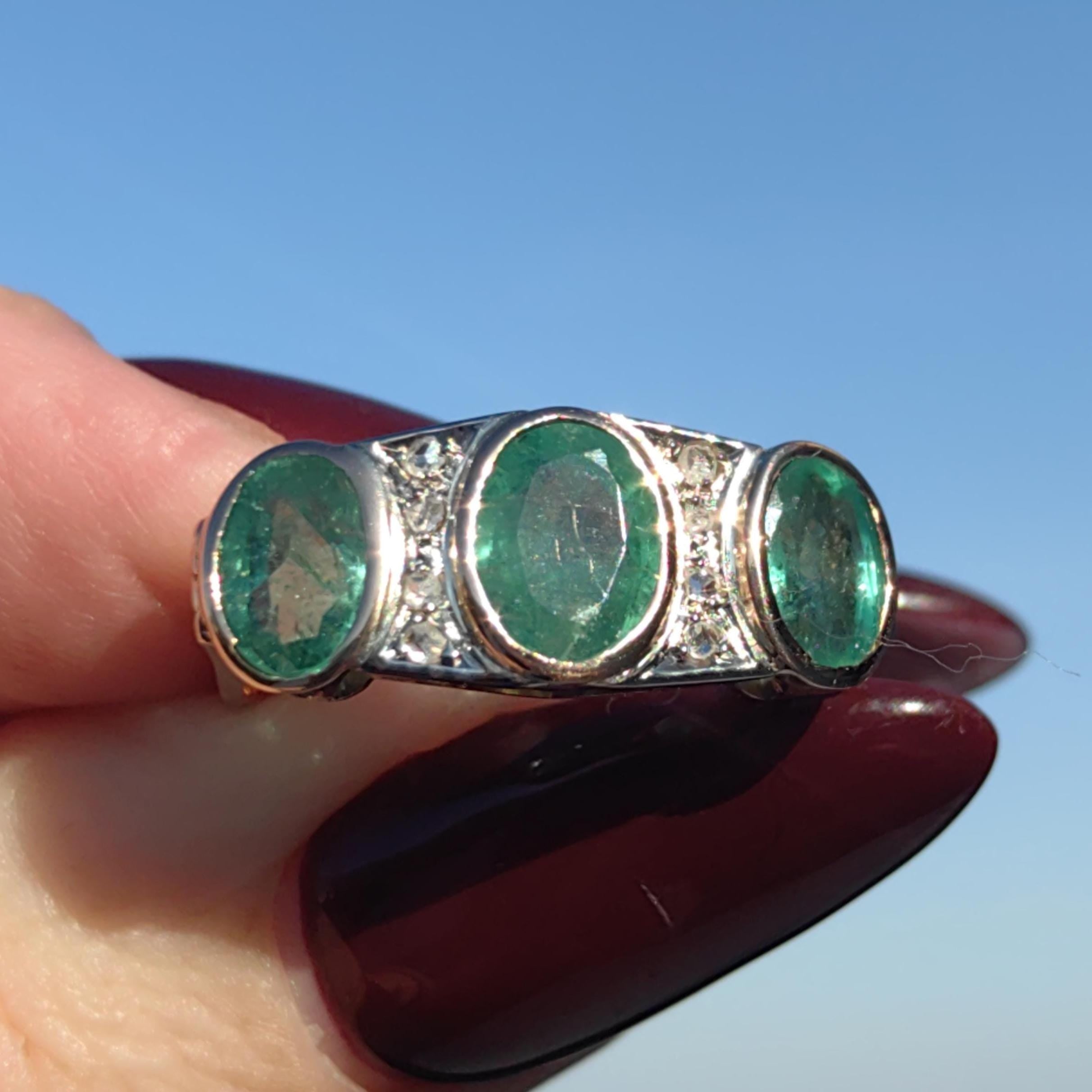 Original Art Deco 1930s Genuine not treated Emerald Three Stone Diamond White solid 14k Gold Chevalier Unisex Antique Vintage Ring