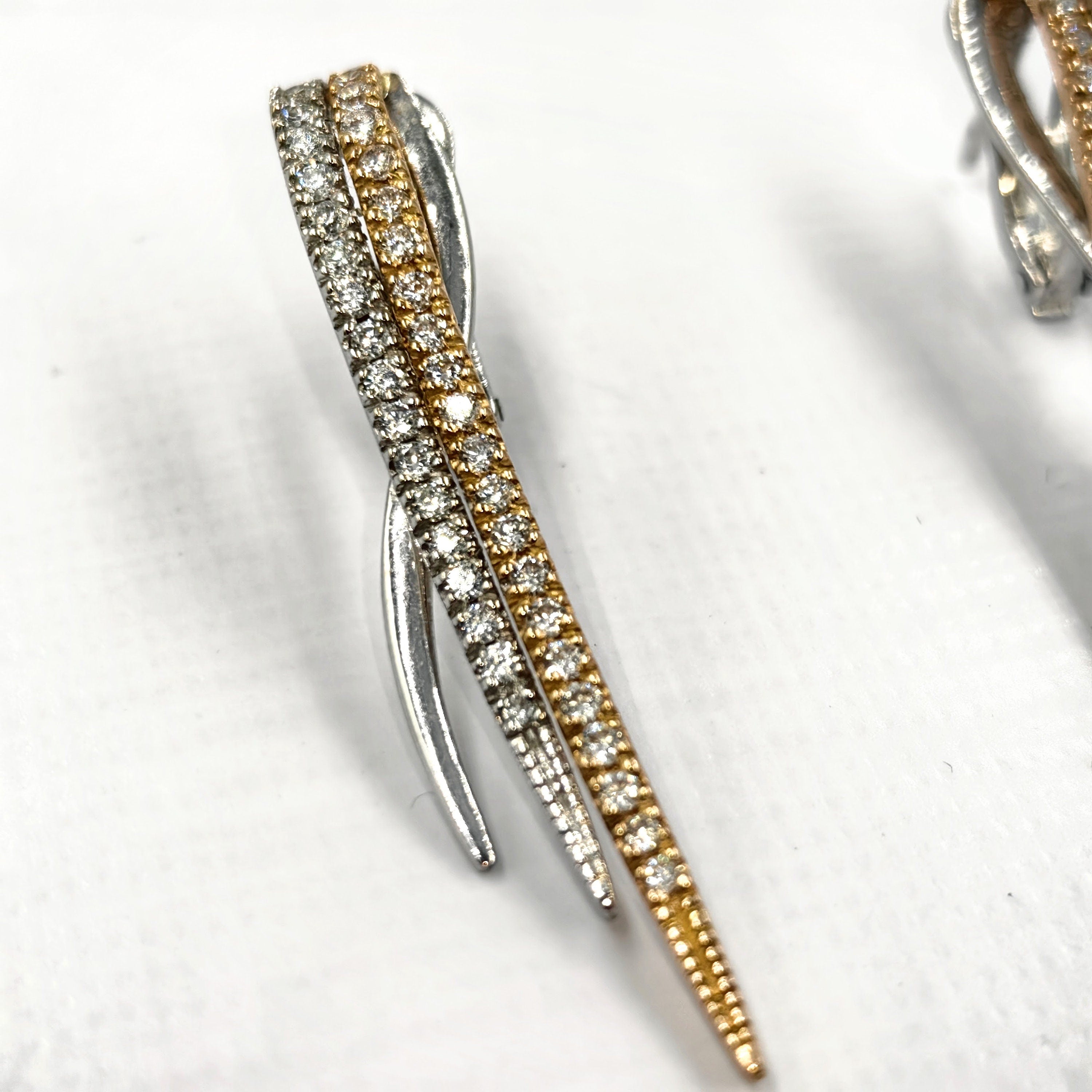 Diamond and 18k Hallmarked Yellow and White Gold Long Elegant Stud Earrings