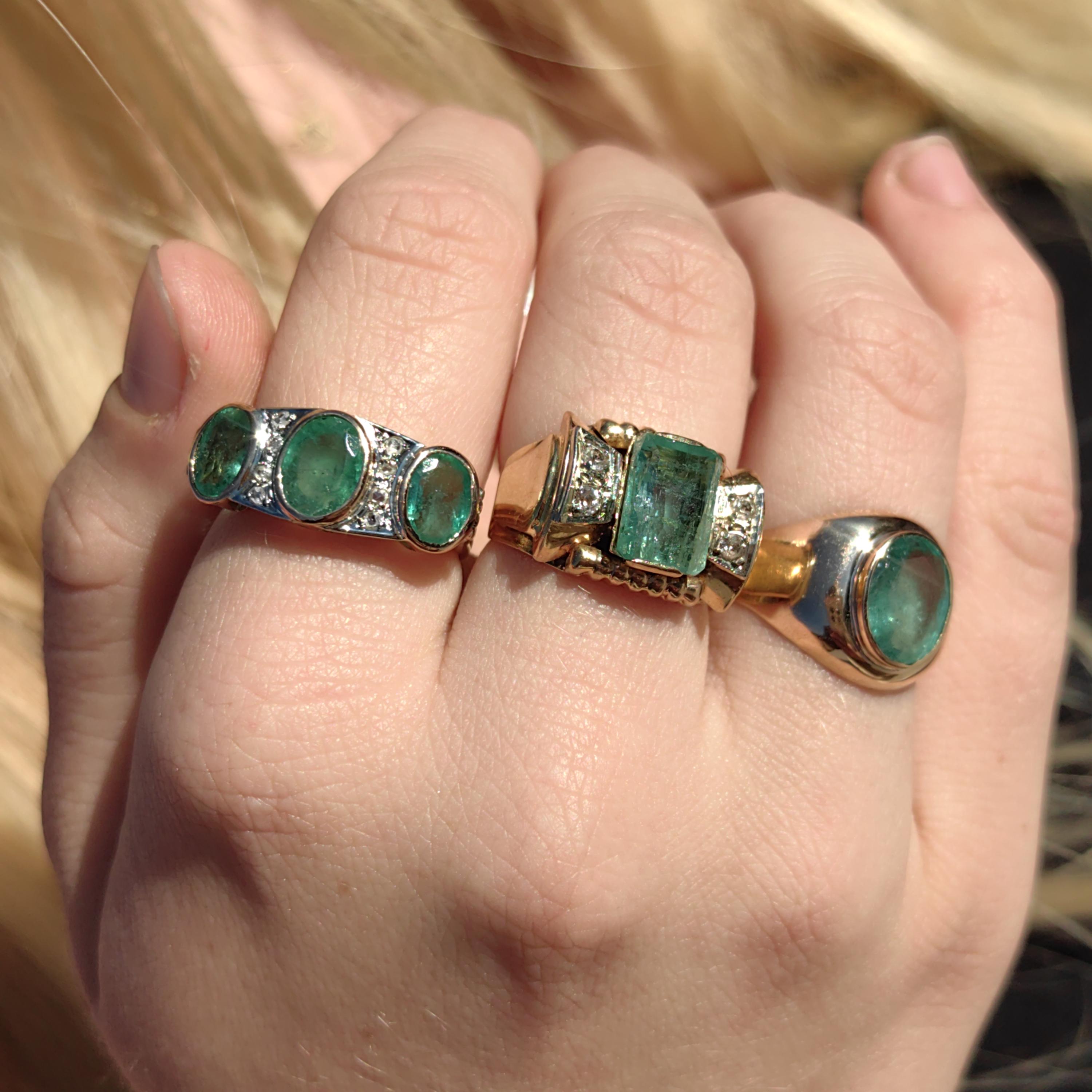 Emerald Hallmarked 14k 585 Hallmarked Solid Yellow Rose Champagne Gold Vintage 1930s Oval Natural Emerald Band Solitaire Ring Gift Present
