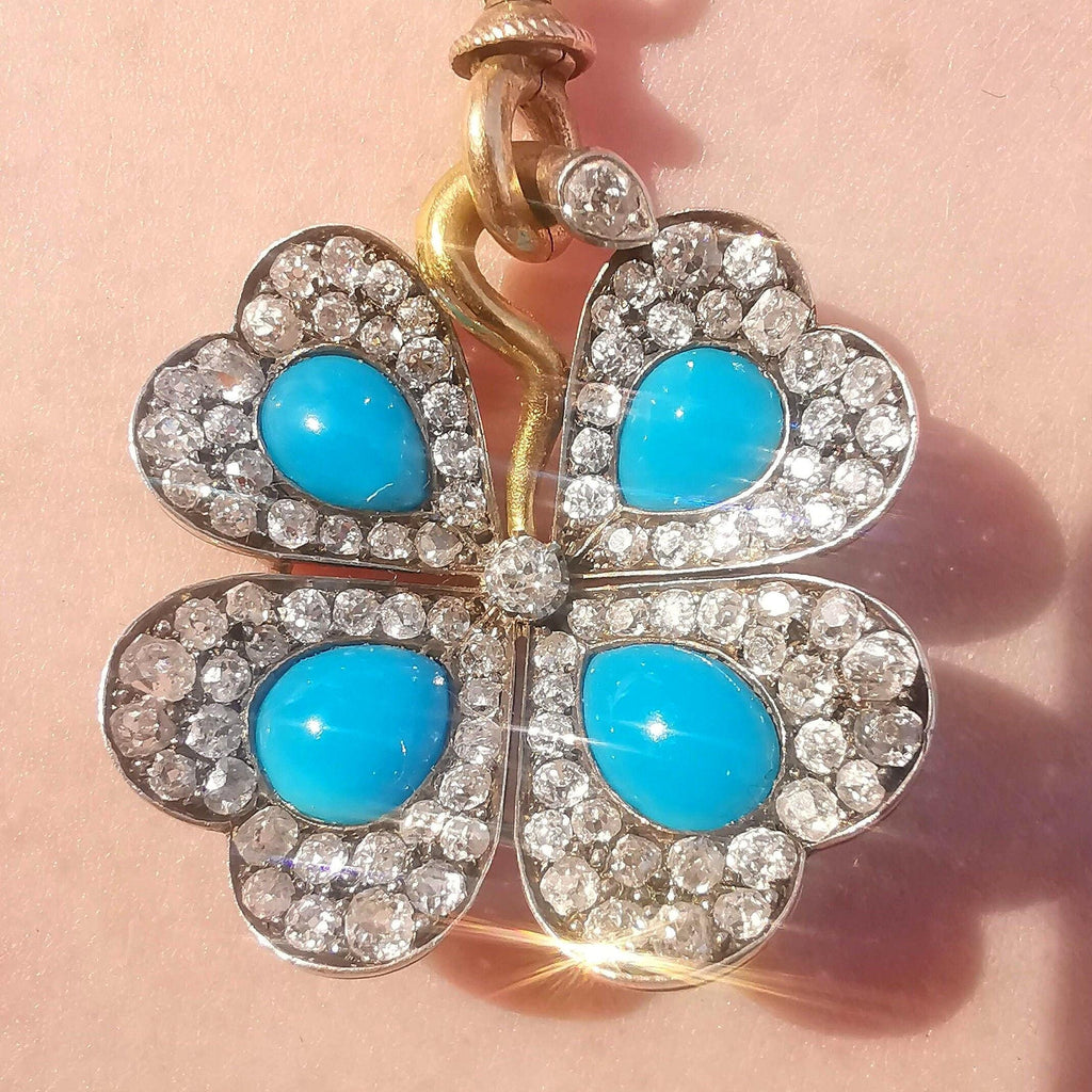 Art Nouveau 18K Gold Turquoise Diamond Pendant Necklace, Antique 1900s Four Leaf Floral Charm, Old European Cut Jewelry