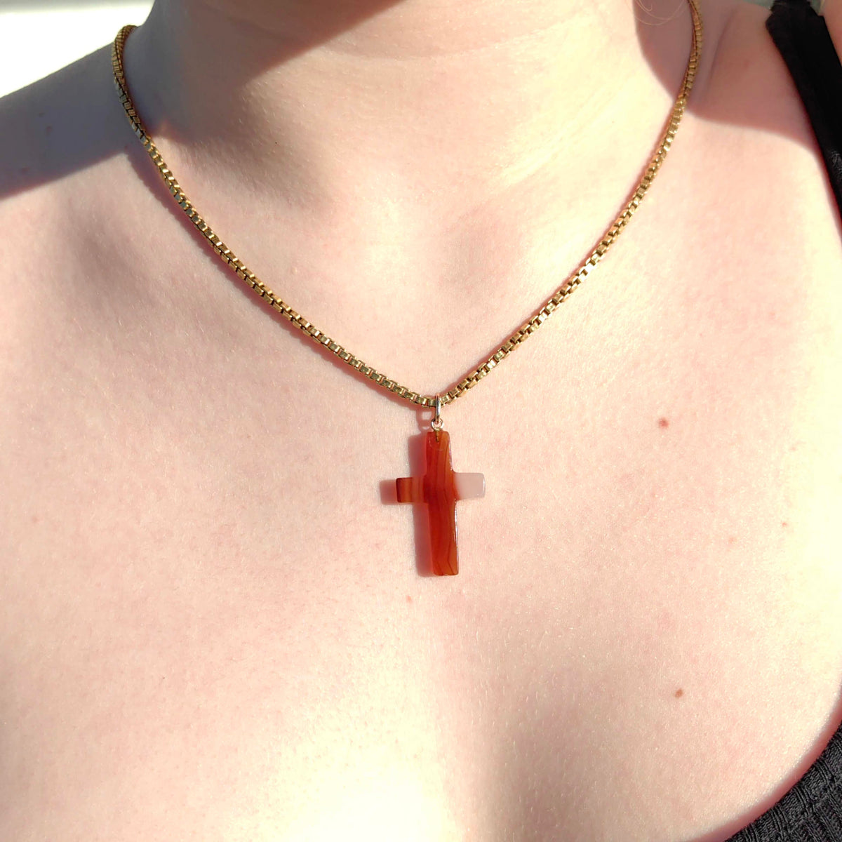 Art Deco 1920s Vintage Solid 14k Solid Yellow Gold Natural Orange Corniole Agate Christian Catholic Cross Pendant Gift Present