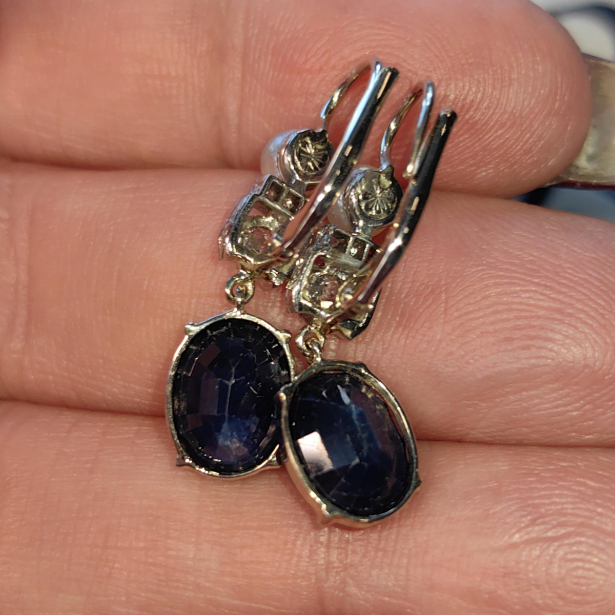 Art Deco Natural Sapphire Diamond Pearl Solid 18k White Gold Dangle Drop 1920s Antique Vintage Elegant Edwardian Earrings Gift for Her