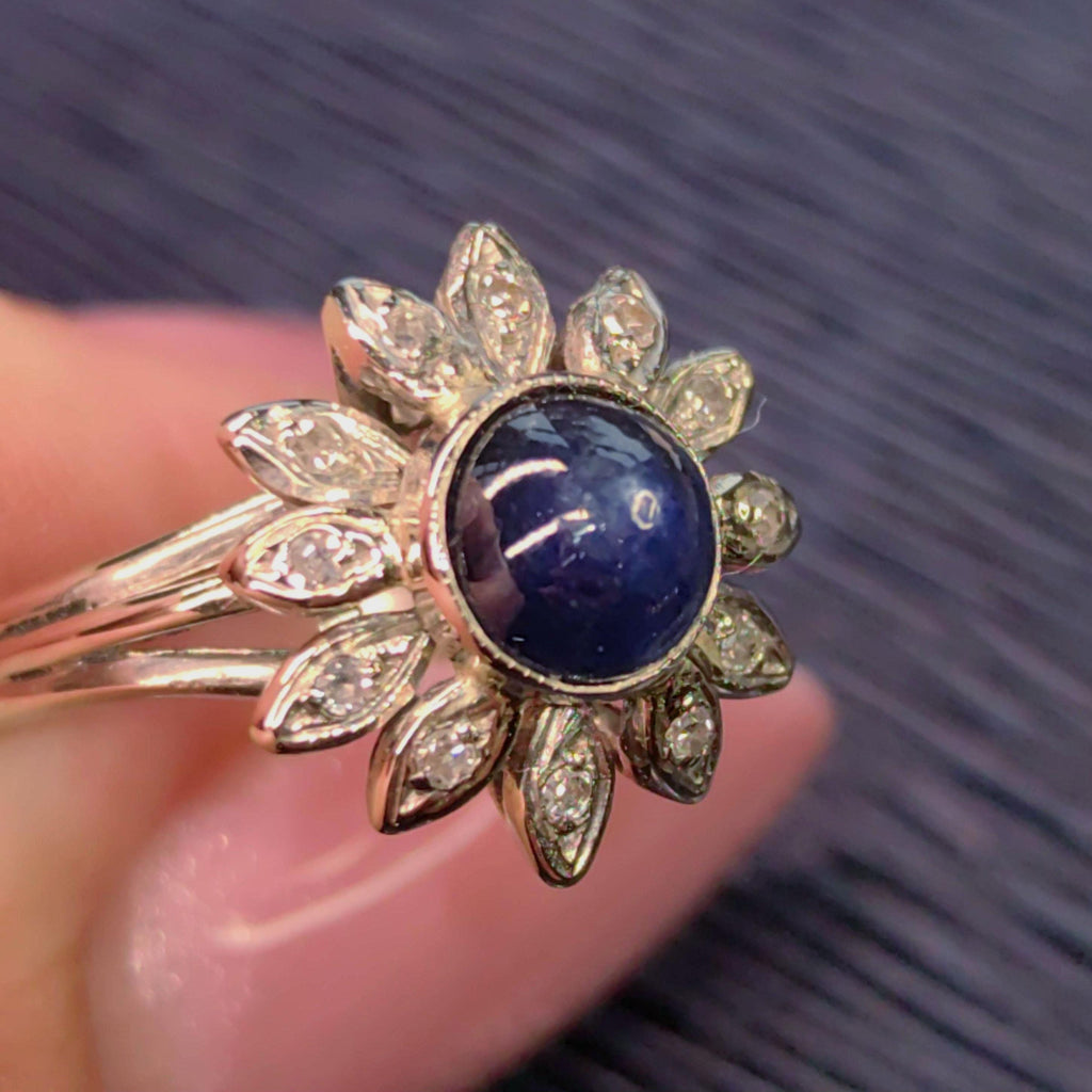 1940s Natural Blue Sapphire Diamond 18k Hallmarked White Gold Mid Century Flower Floral Engagement Antique Elegant Ring Gift for Her