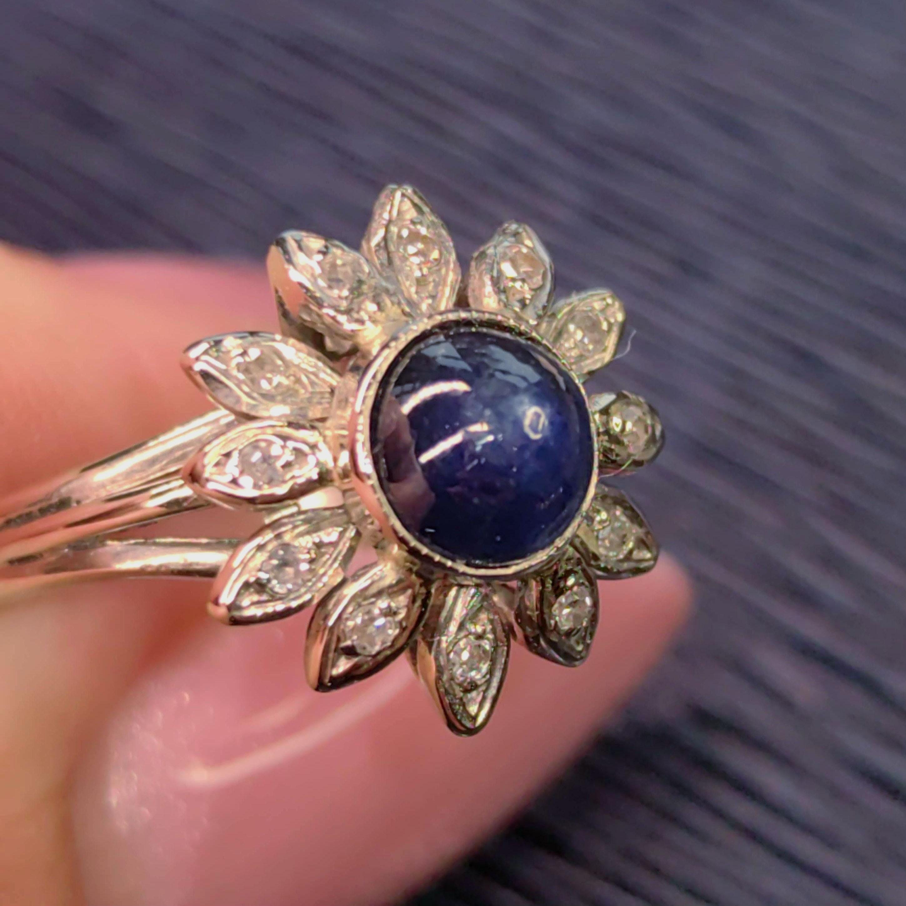 1940s Natural Blue Sapphire Diamond 18k Hallmarked White Gold Mid Century Flower Floral Engagement Antique Elegant Ring Gift for Her