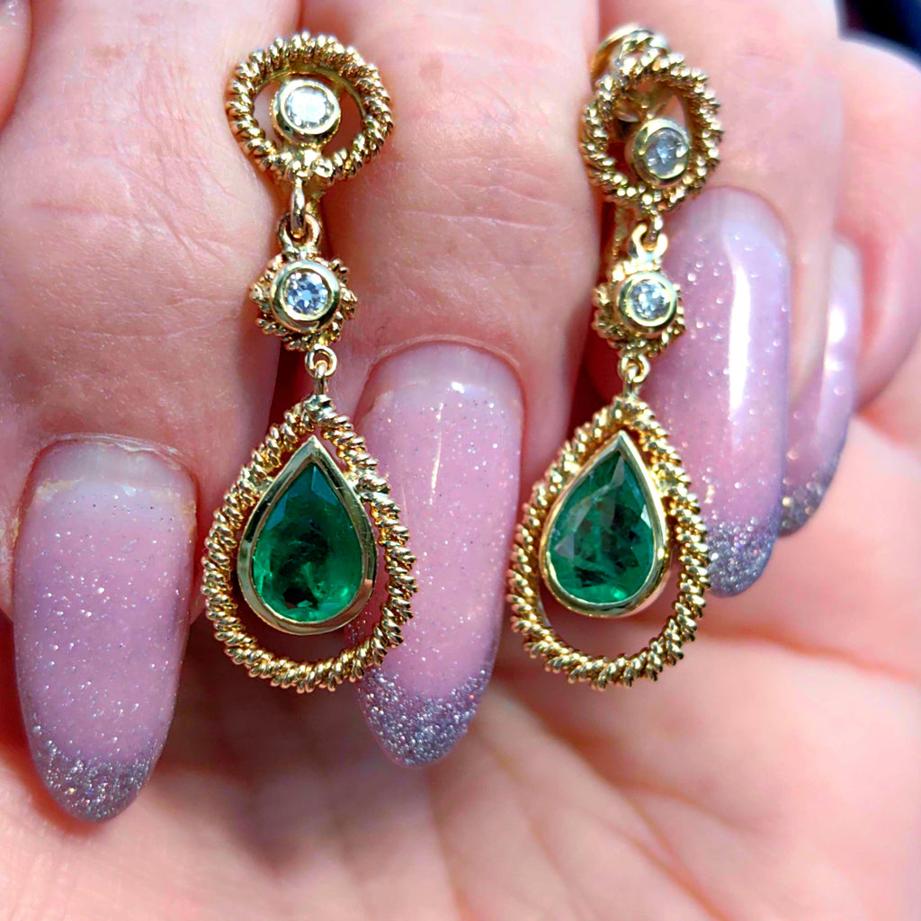 Antique Emerald Diamond 18k Gold Dangle Earrings: Mid Century French Dormeuses