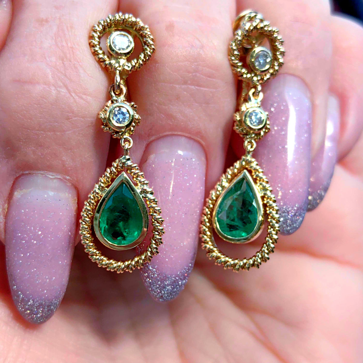 Antique Emerald Diamond 18k Gold Dangle Earrings: Mid Century French Dormeuses
