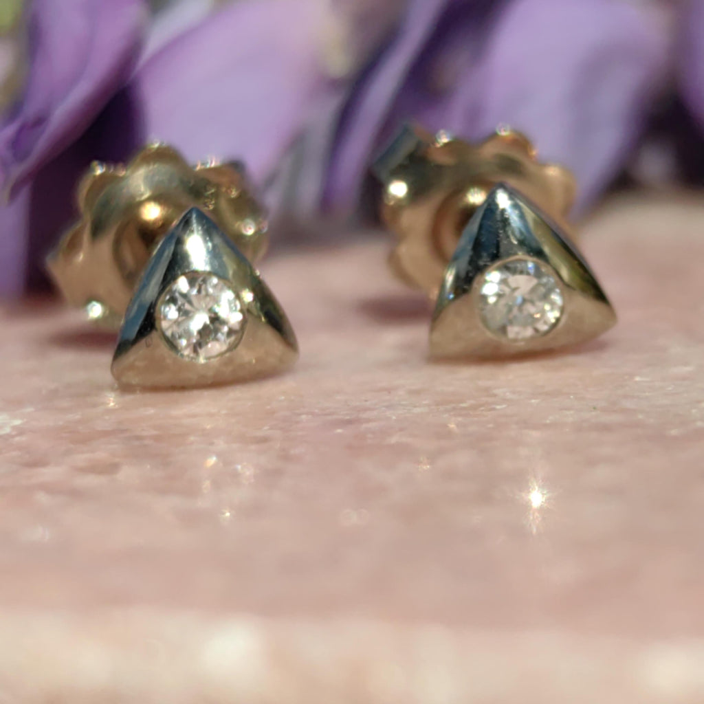 Diamond 14k Yellow Gold Triangle Stud Earrings: Geometric Art Deco