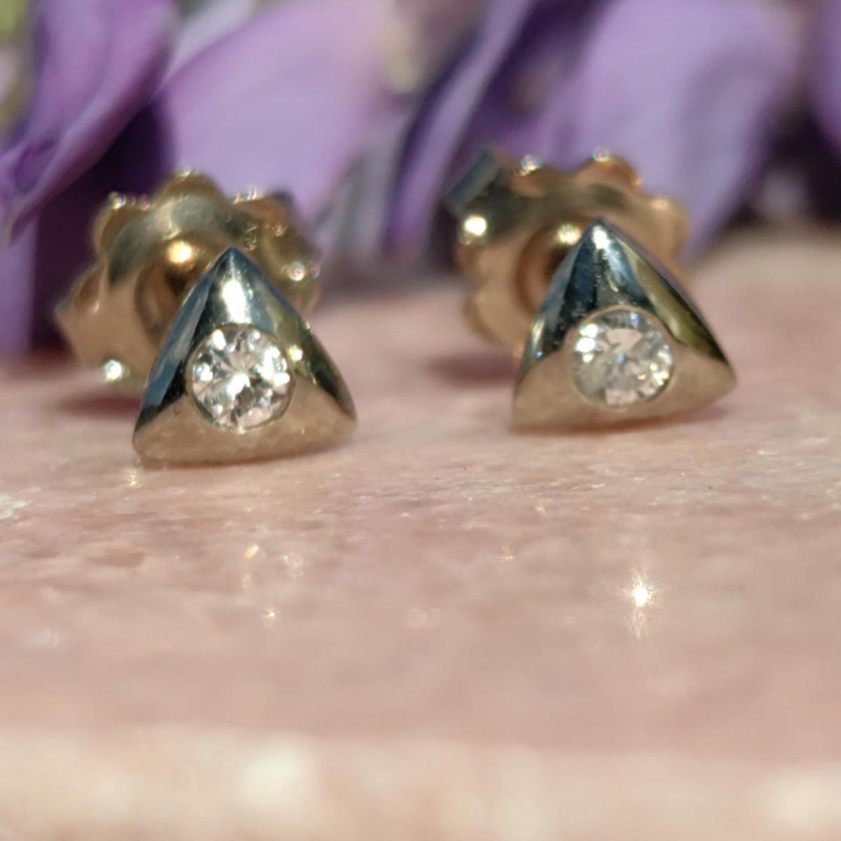 Diamond 14k Yellow Gold Triangle Stud Earrings: Geometric Art Deco