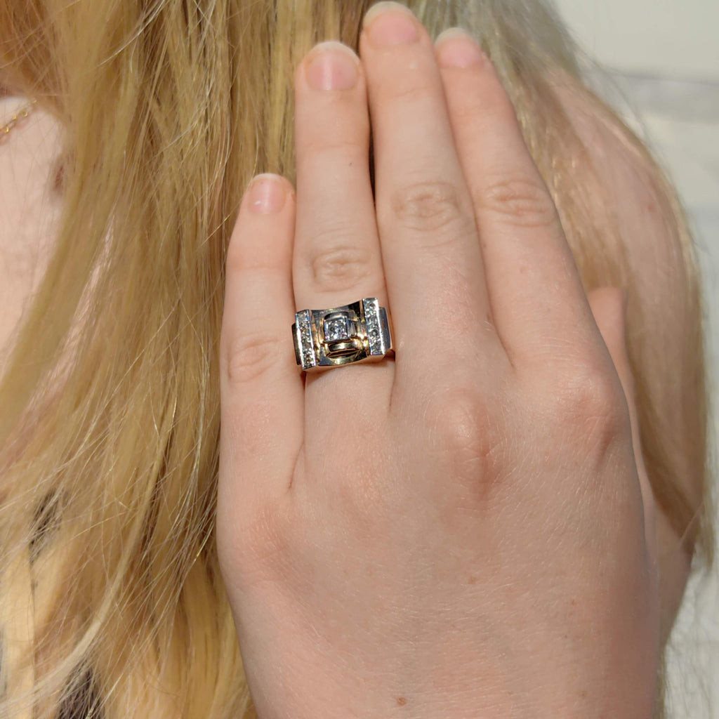 Art Deco Diamond Ring: 18k Gold Unisex Chevalier Statement Ring