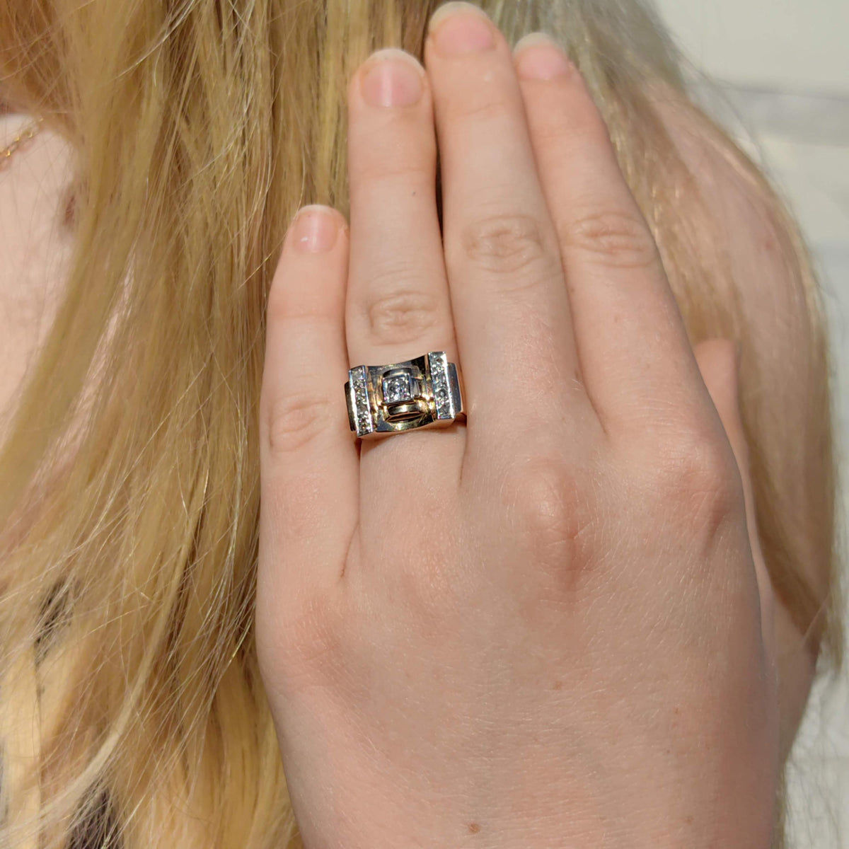 Art Deco Diamond Ring: 18k Gold Unisex Chevalier Statement Ring