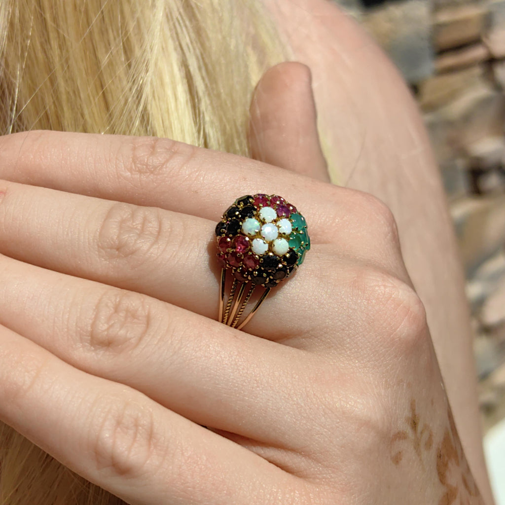 14k Gold Multi-Stone Bombe Ring: Emerald, Ruby, Opal, Sapphire Floral Design