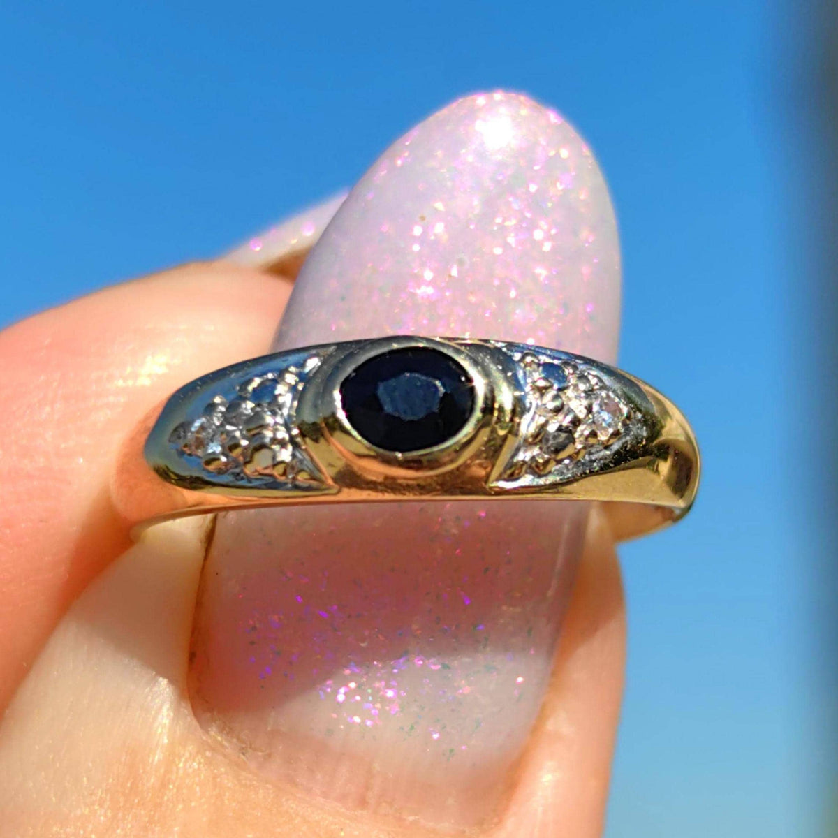 Vintage 14k Solid Yellow Gold Sapphire & Diamond Gypsy Band Ring, 585 Hallmarked Engagement or Anniversary Gift for Her