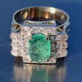 Colombian Emerald Diamond Ring  Solid White Gold Statement Art Deco 1920s Vintage Band Ring Gift for Her Large Chevalier Ring