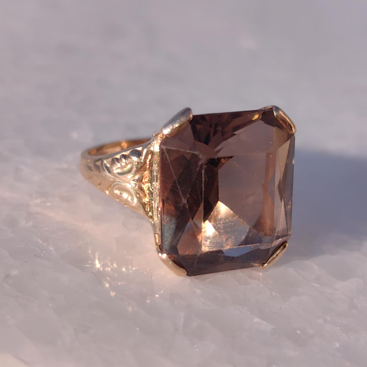 Smoky Topaz Art Deco Ring: 14k Yellow Gold, 1940s Statement
