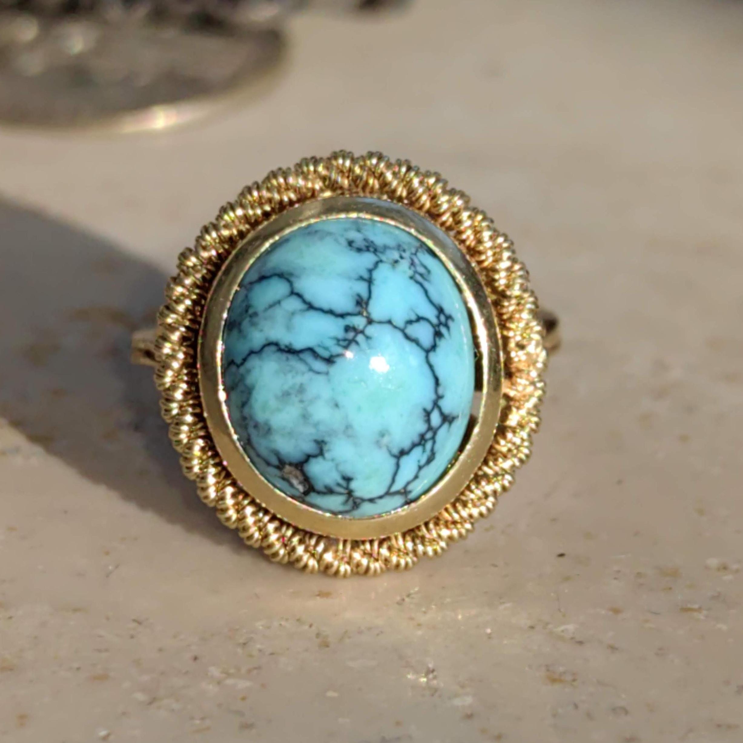 Art Deco 18k Gold Turquoise Ring: Mid Century Statement Jewelry