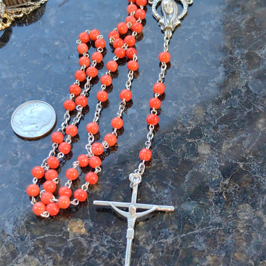 1930s Antique Coral Rosary Necklace: Silver Madonna, Jesus on Cross