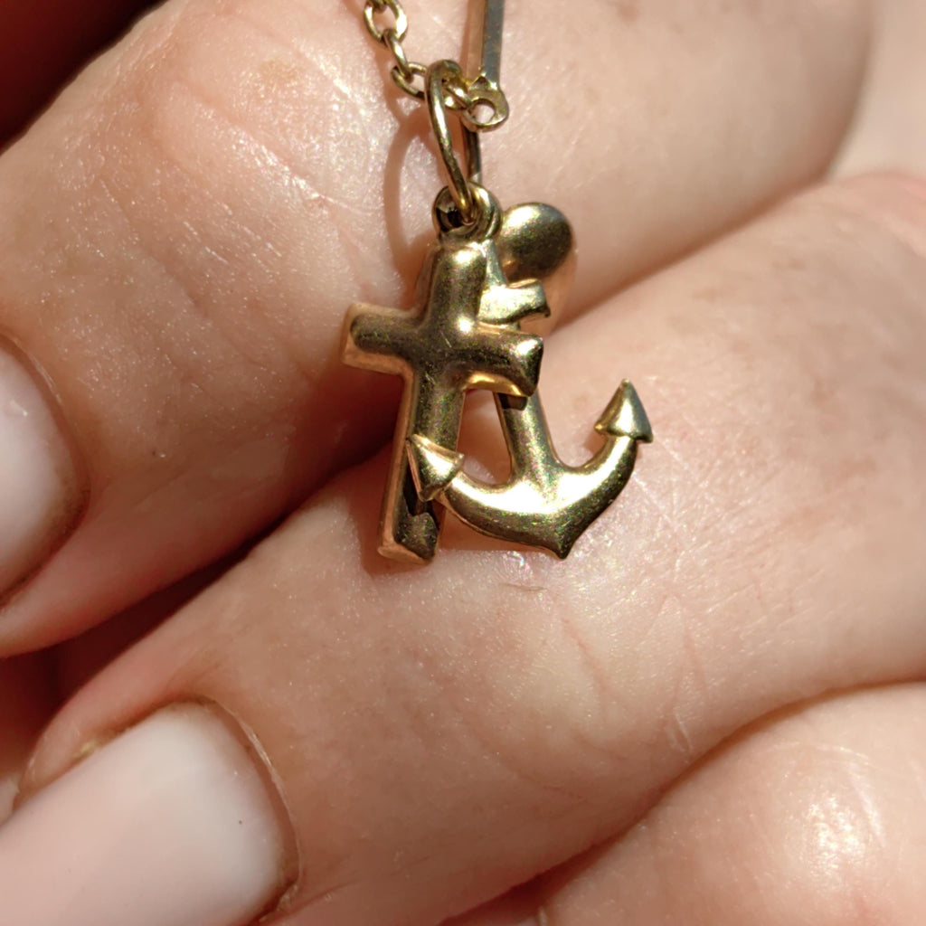Vintage 14k Yellow Rose Champagne Gold Cross Heart Anchor Charm Pendant Art Nouveau Nautical Traveller Love Faith Christian Medal Gift