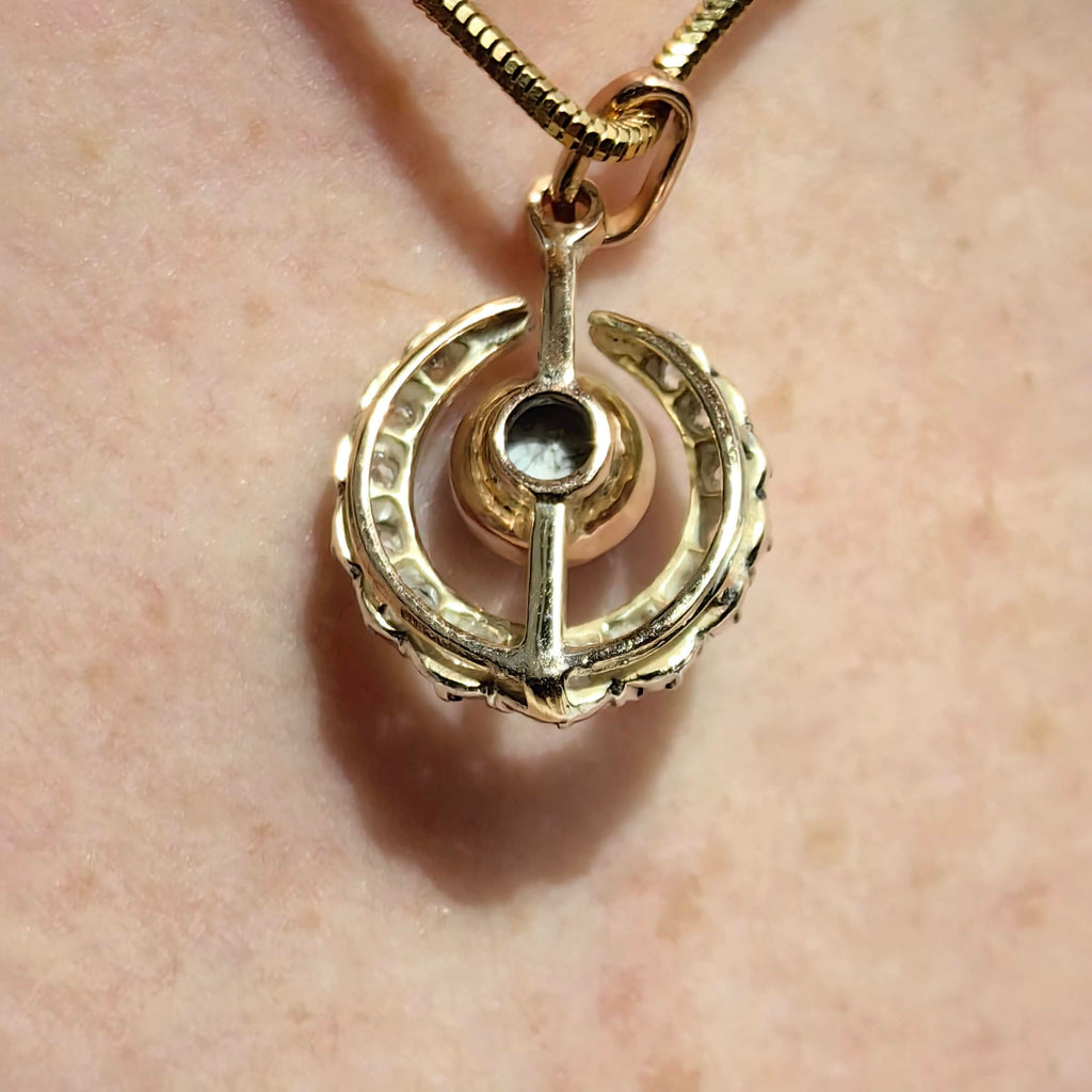 Art Nouveau Antique Vintage Turquoise and Diamond Gold Moon Pendant