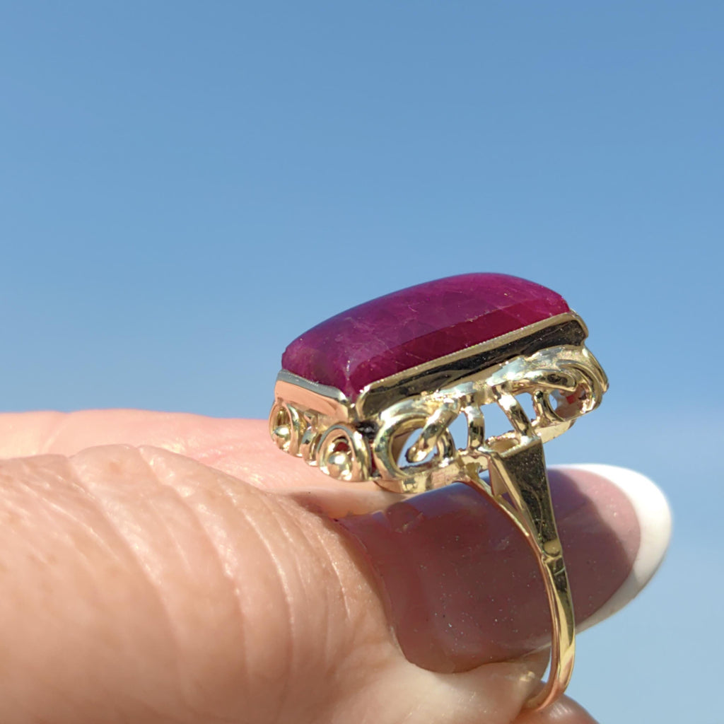 Vintage Art Deco Natural Opaque Red Ruby Elegant Rectangle Emerald Cut Ring 14k Solid Yellow Gold Geometric Statement Ring Gift Present