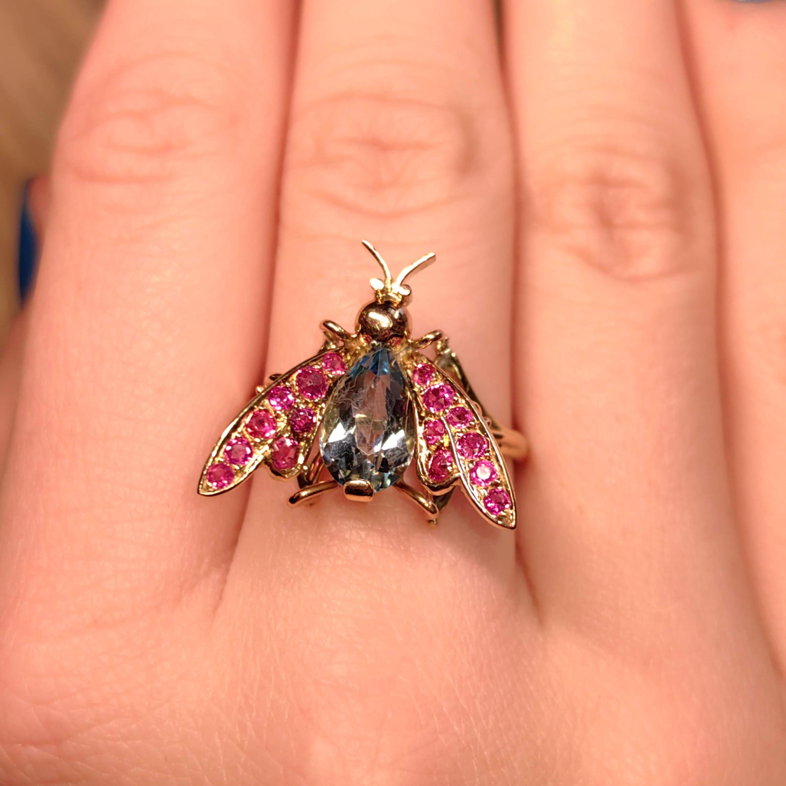 Vintage Light Blue Topaz Red  Ruby Solid 18k Yellow Gold Insect Fly Bee Statement Ring Mid Century 1950s Elegant Gift for Her  Present