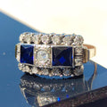 Art Deco 18k Gold Ring: Lab Sapphire & Diamond Chevalier Ring