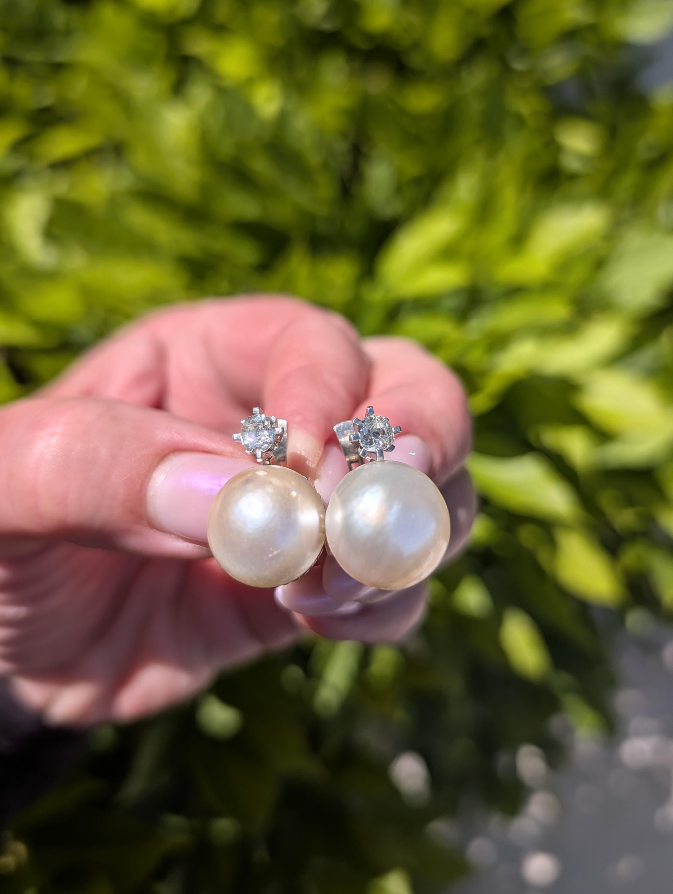 1940s Diamond Mabe Pearl Statement Earrings 18k White Gold Old Mine Cut Diamonds Hallmarked Luxury Fine Jewelry Gift for Her