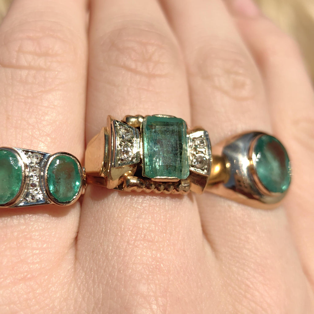 Art Deco 1930s Ring Antique  Genuine 2ct Emerald Diamond solid 18k Gold Vintage Statement Band Chevalier Unisex Estate 6,1gr 6.3/4 resize fr