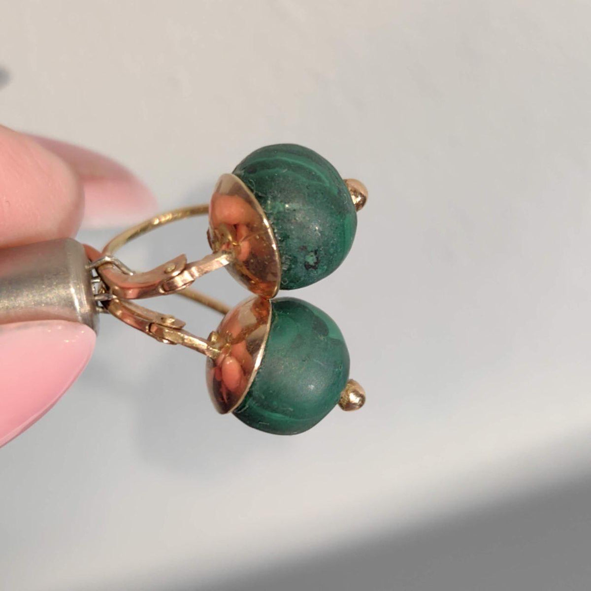 Antique 14k Gold Malachite Earrings: Art Nouveau Sleepers