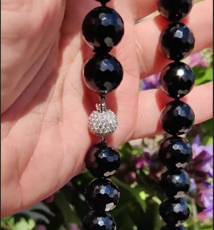 Art Deco 18k Solid hallmarked Yellow Gold Natural Diamond Onyx Beaded Statement Necklace 1940s Vintage Retro Antique Pendant Gift for her