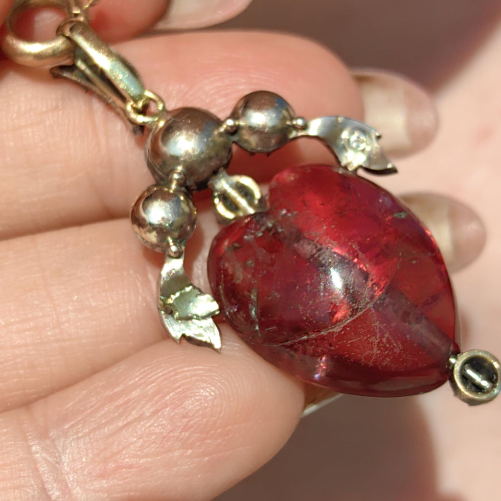 Victorian Red Rubellite Tourmaline Rose Diamond Heart Gothic Pendant 14k Solid Gold Silver Setting Charm Gift Present