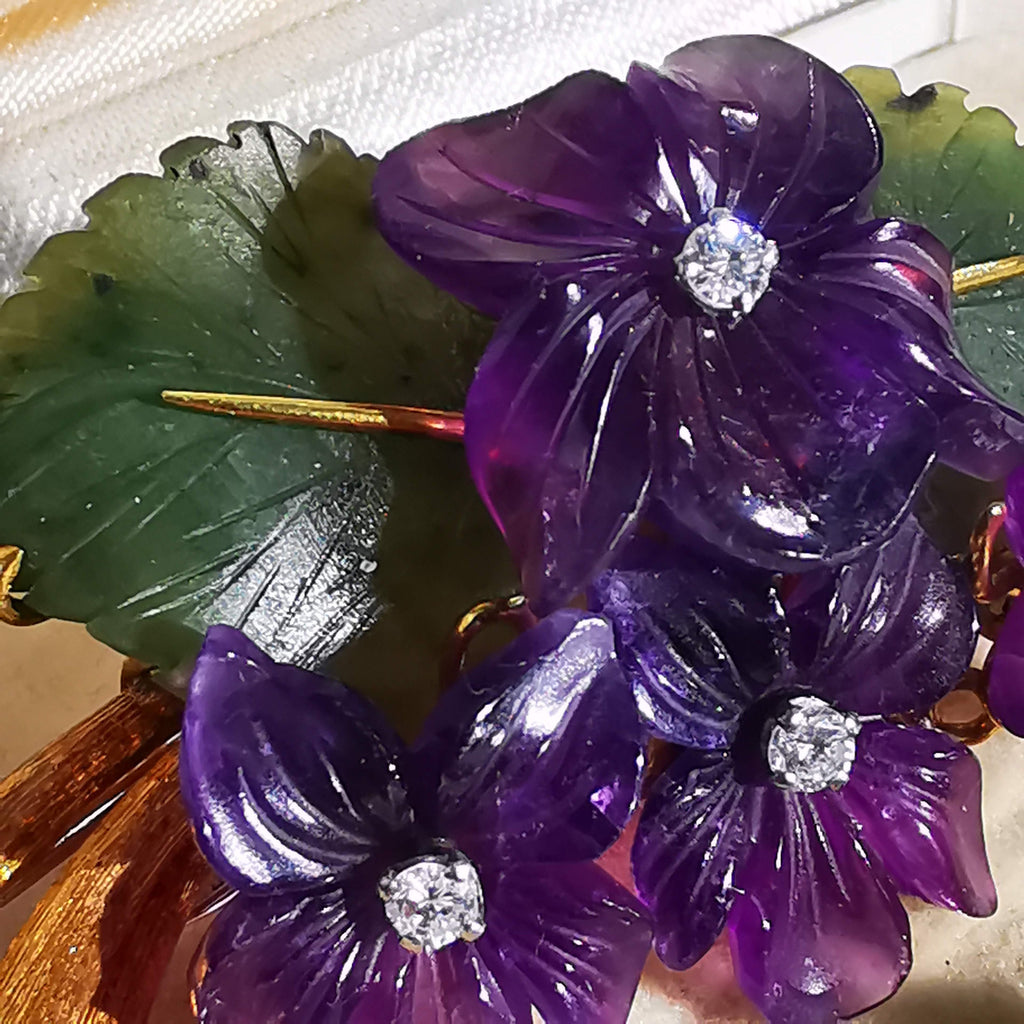 Art Nouveau 1900s Hand Carved Natural Purple Amethyst Jade Diamond 18k Solid Yellow Gold Brooch Antique Floral Violet Pin Gift for her