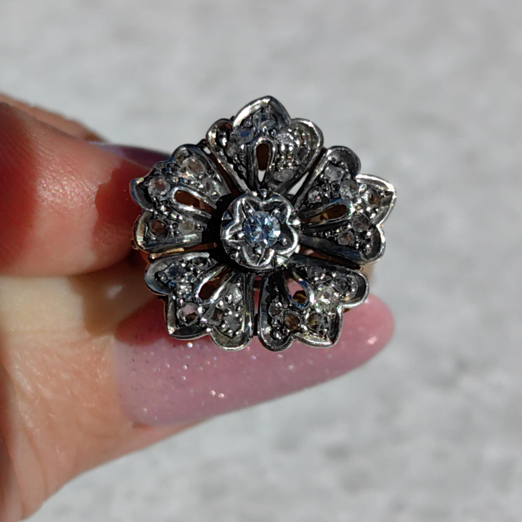 Art Deco Diamond Floral Ring: 14k Gold & Silver, 1930s Statement Ring