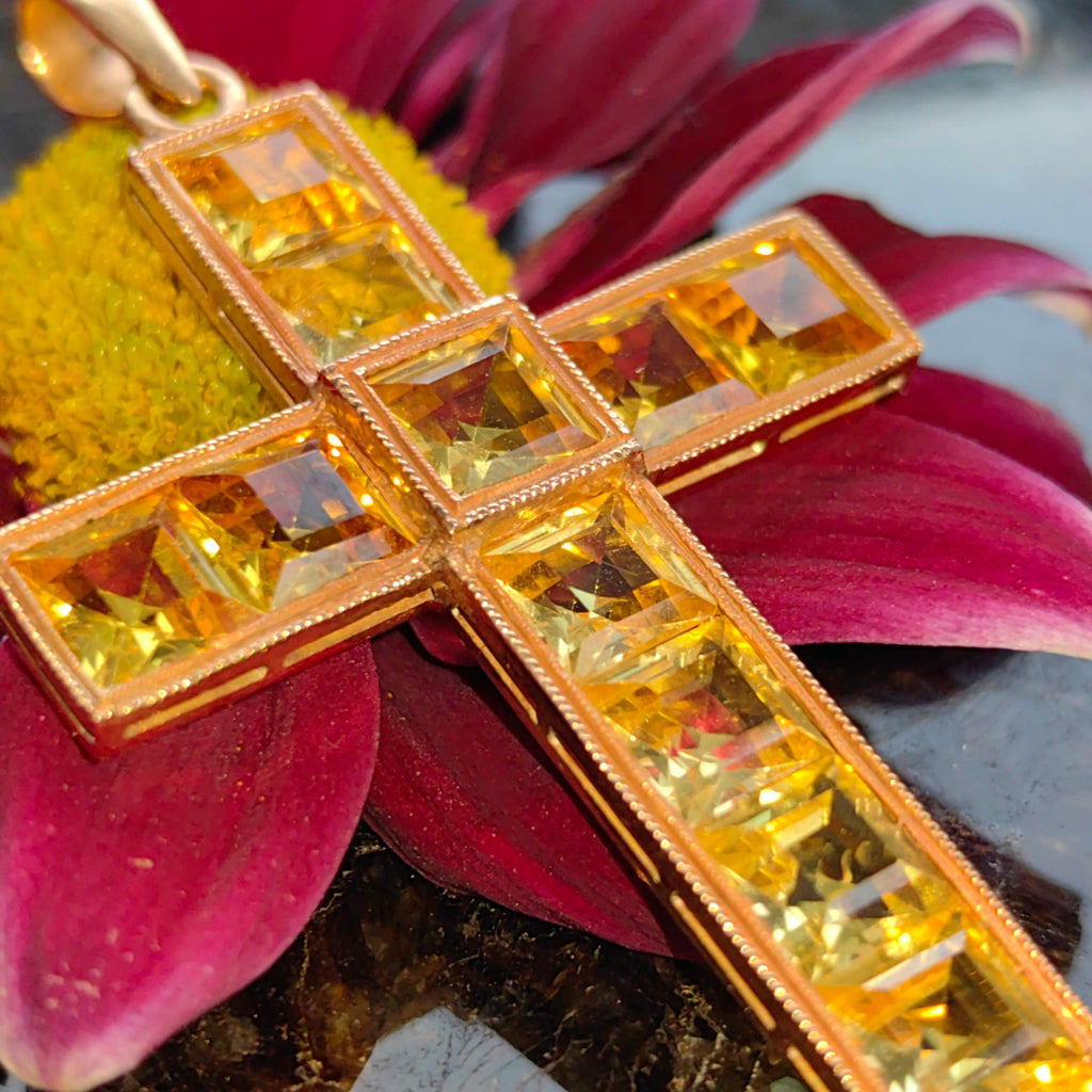 Art Deco Vintage Citrine Solid Yellow Gold Christian Catholic Cross Statement Pendant
