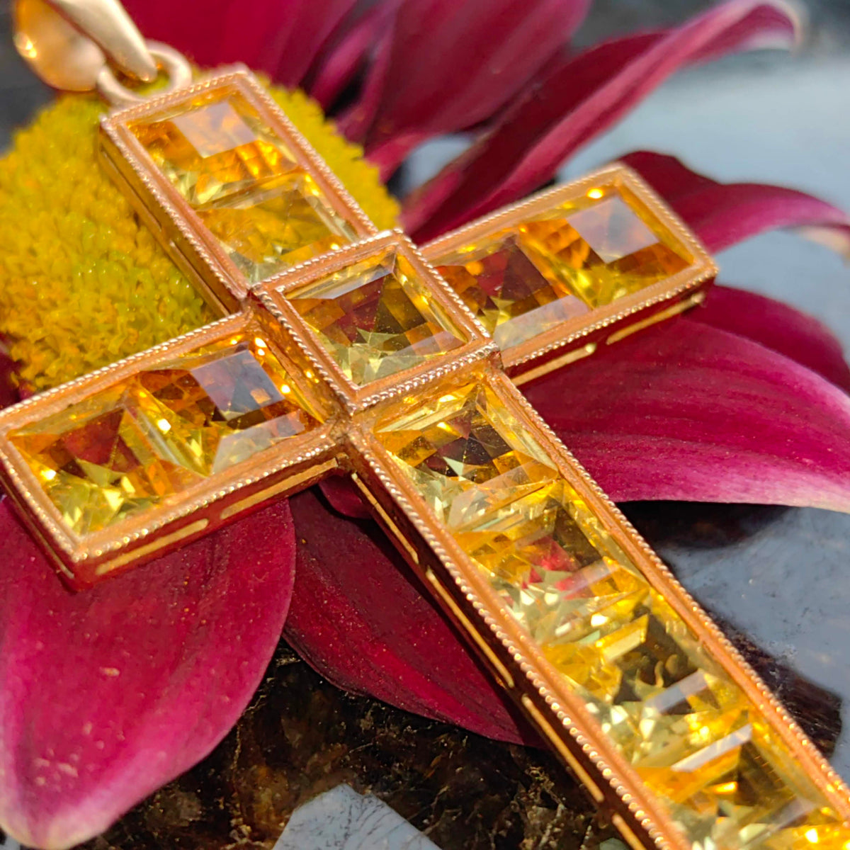 Art Deco Vintage Citrine Solid Yellow Gold Christian Catholic Cross Statement Pendant