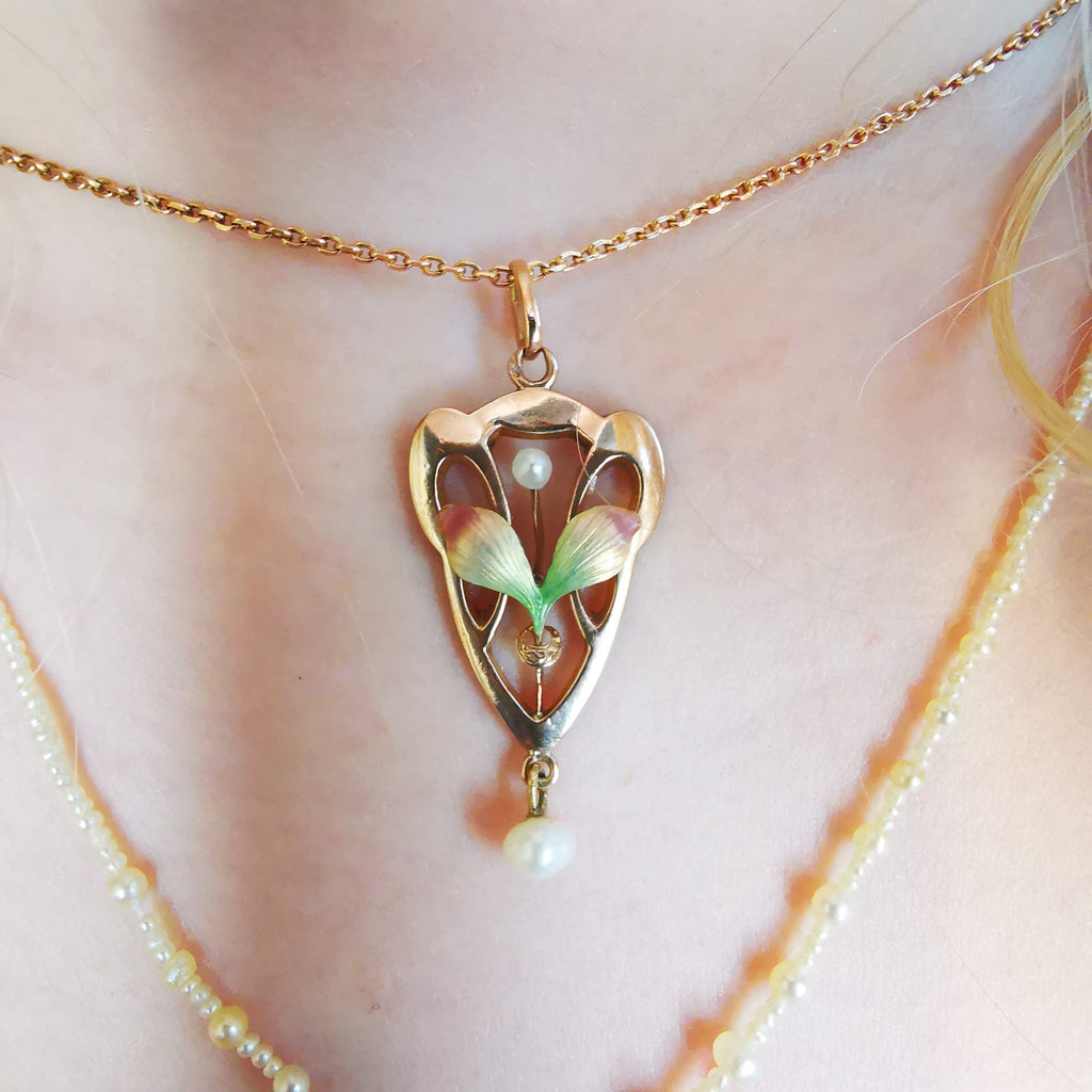 Art Nouveau 1900s French Pearl and 14k Solid Yellow Rose Champagne Gold Enamel Floral Statement Pendant Elegant Gift for Her