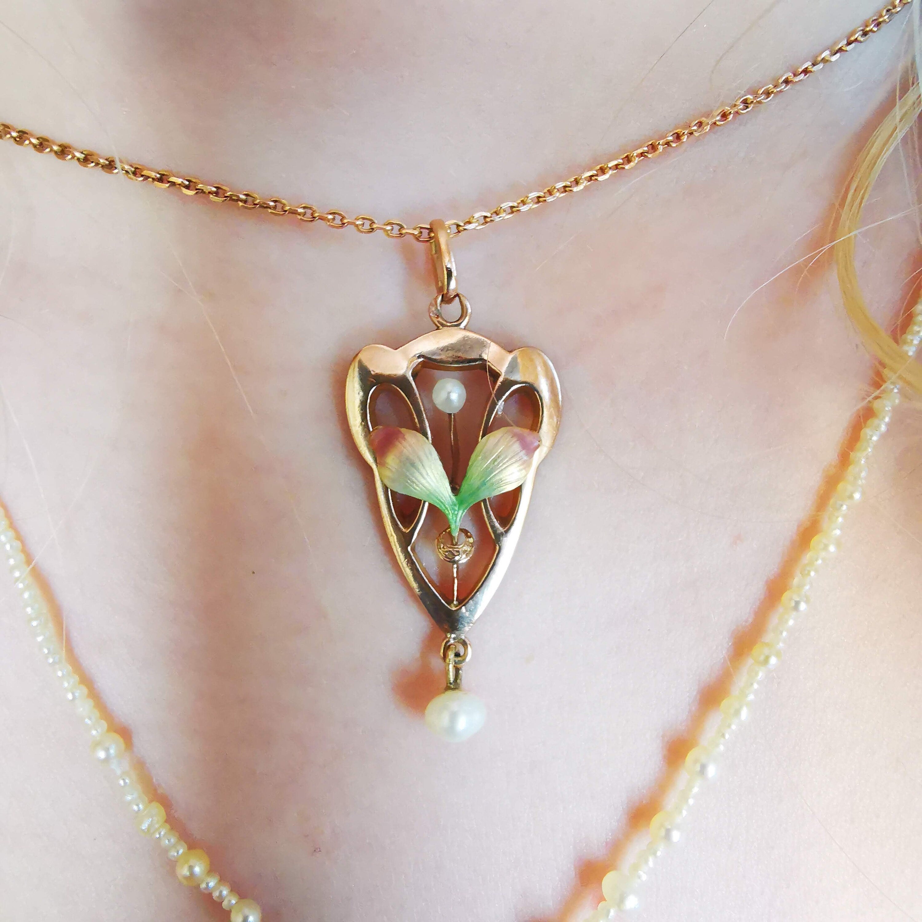 Art Nouveau 1900s French Pearl and 14k Solid Yellow Rose Champagne Gold Enamel Floral Statement Pendant Elegant Gift for Her
